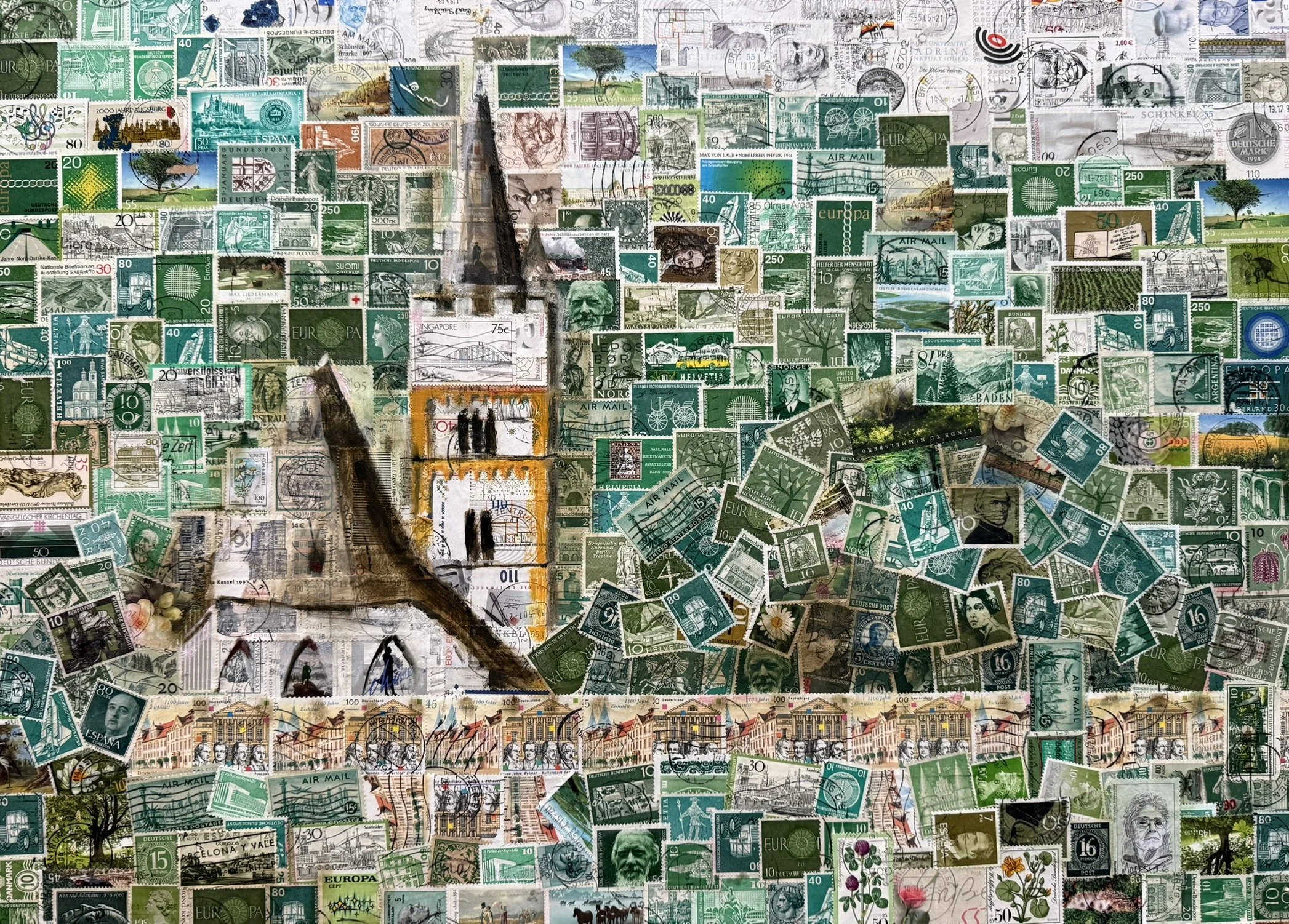 Burgkirche, Ingelheim, 40 x 55 cm, Öl auf Briefmarken (MDF-Platte auf Keilrahmen), 2026 