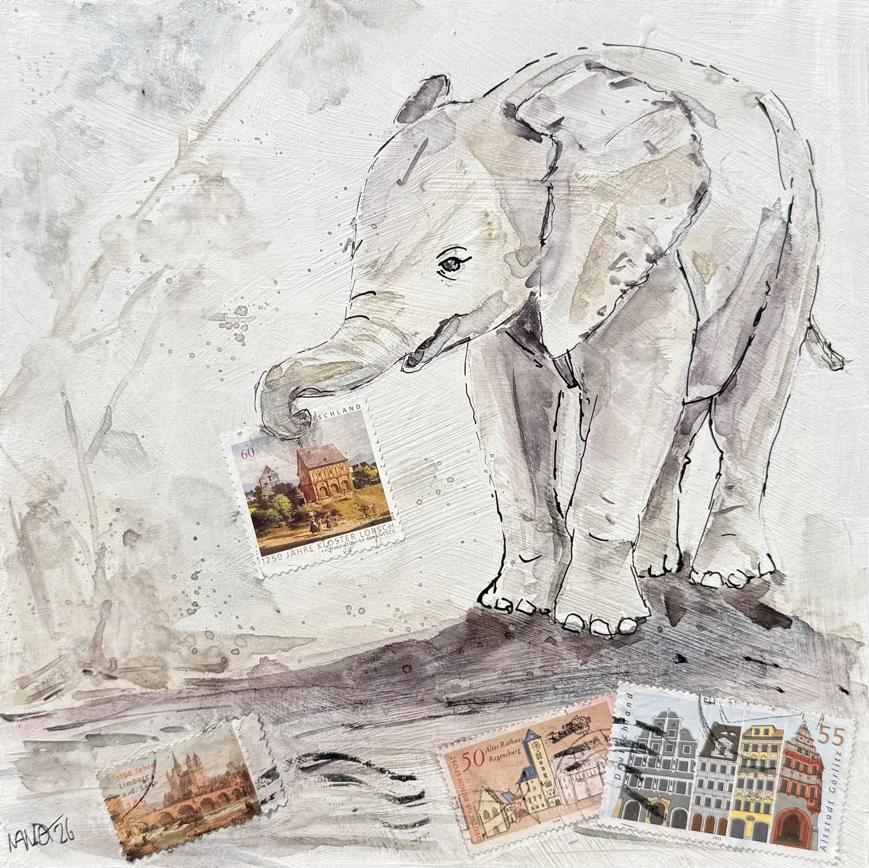Elefant, 20 x 20cm, Mischform (Aquarell, Tusche und Briefmarken) auf MDF-Block, 2026
