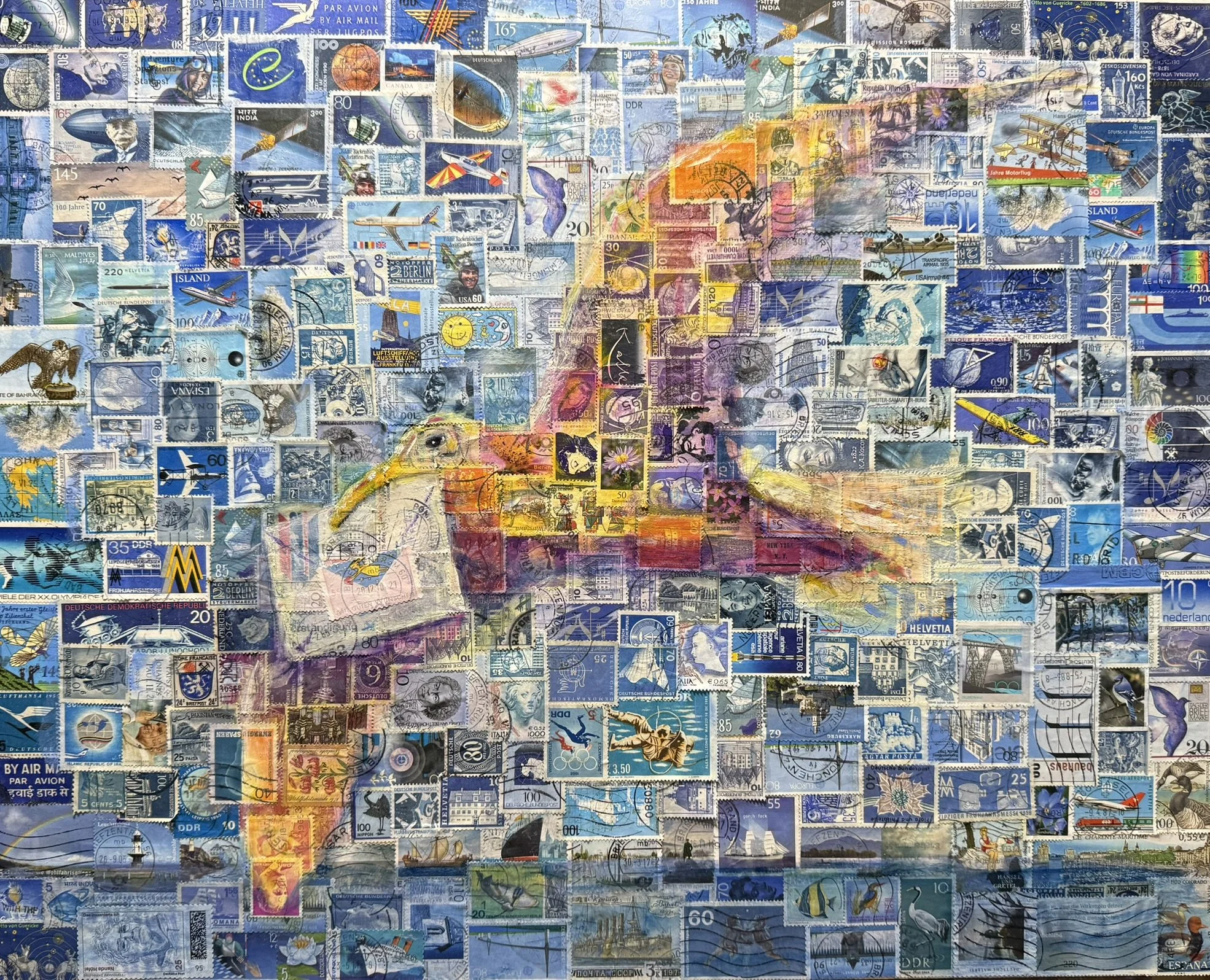 Luftpost, 40 x 50 cm, Öl auf Briefmarken (MDF-Platte auf Keilrahmen) - verkauft