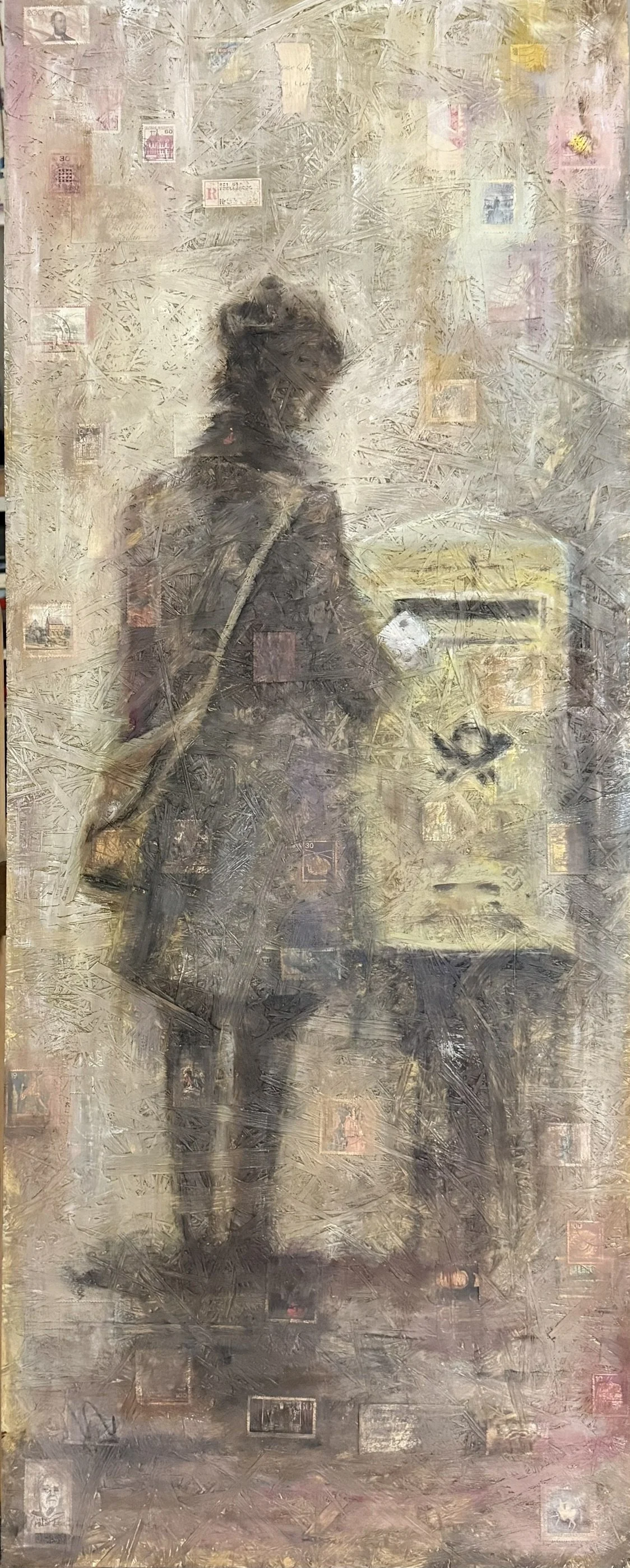 fort, 100 x 40 cm, Öl und Briefmarken (OSB-Platte), 2026