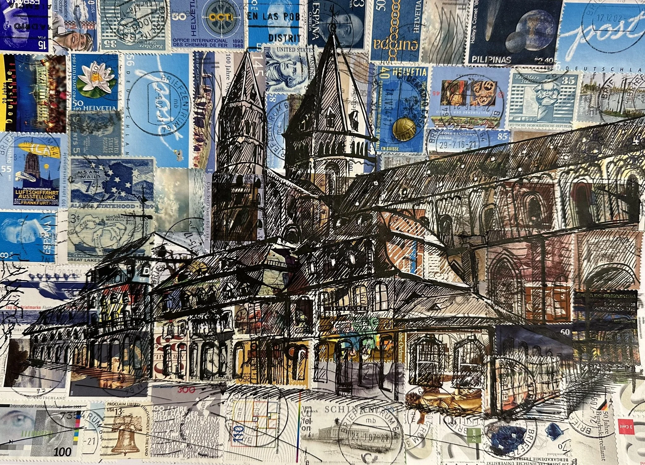 Mainzer Dom, 21 x 30 cm, Tusche auf Briefmarken (Papier) - verkauft