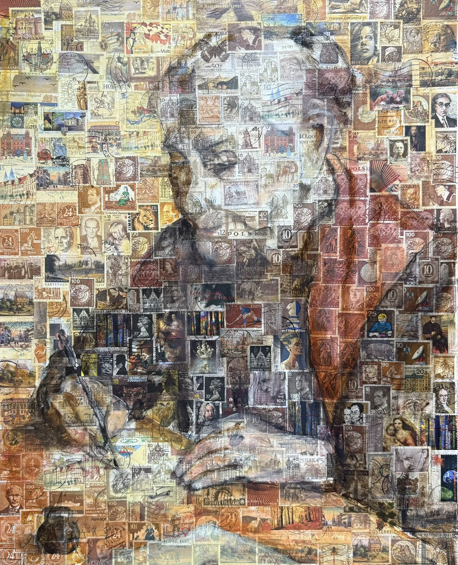 Schreibende Frau, 43 x 31 cm, Öl auf Briefmarken (MDF-Platte)