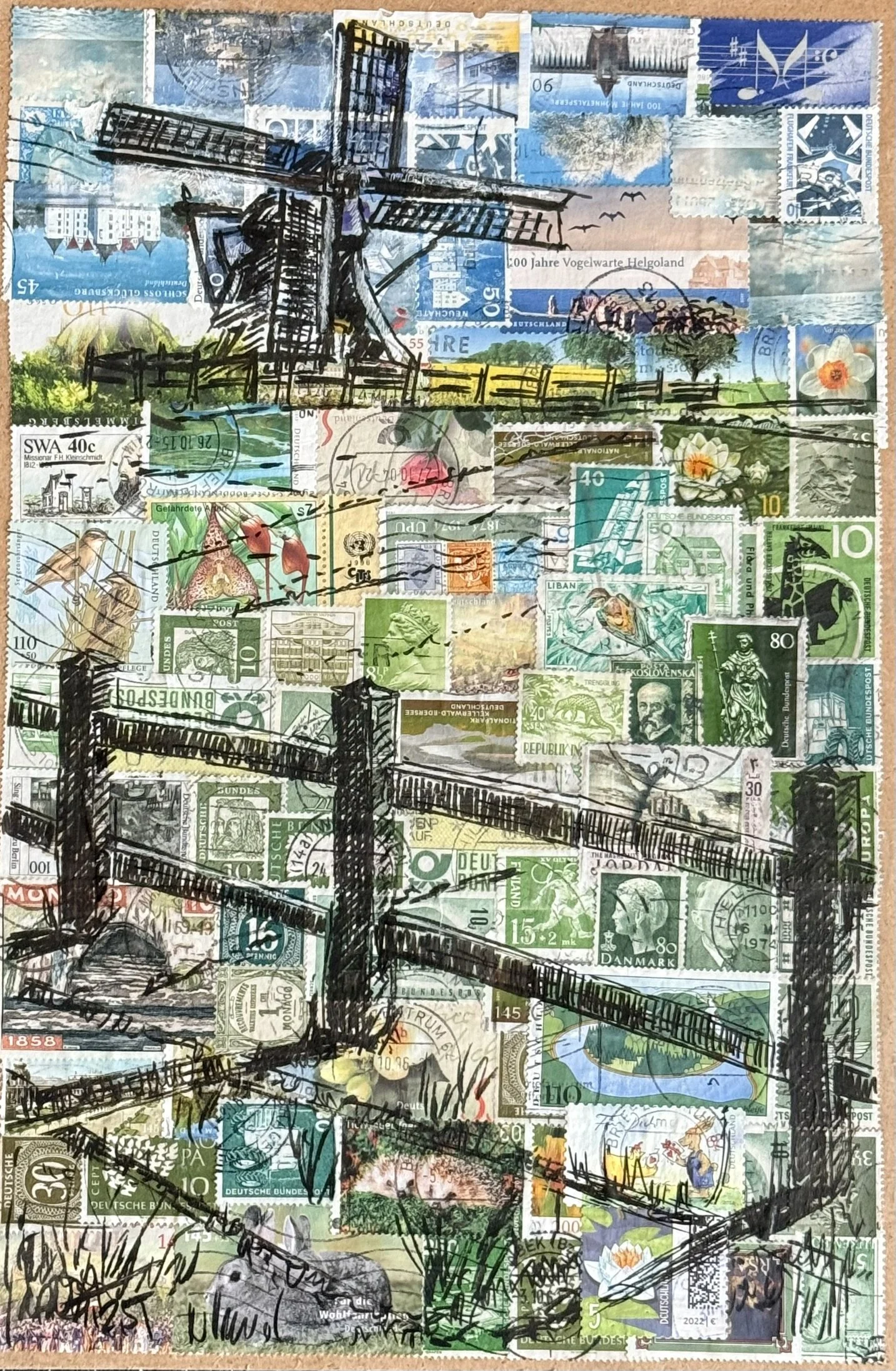 Windmühle, 35 x 21 cm, Tusche auf Briefmarken (MDF-Platte) - verkauft