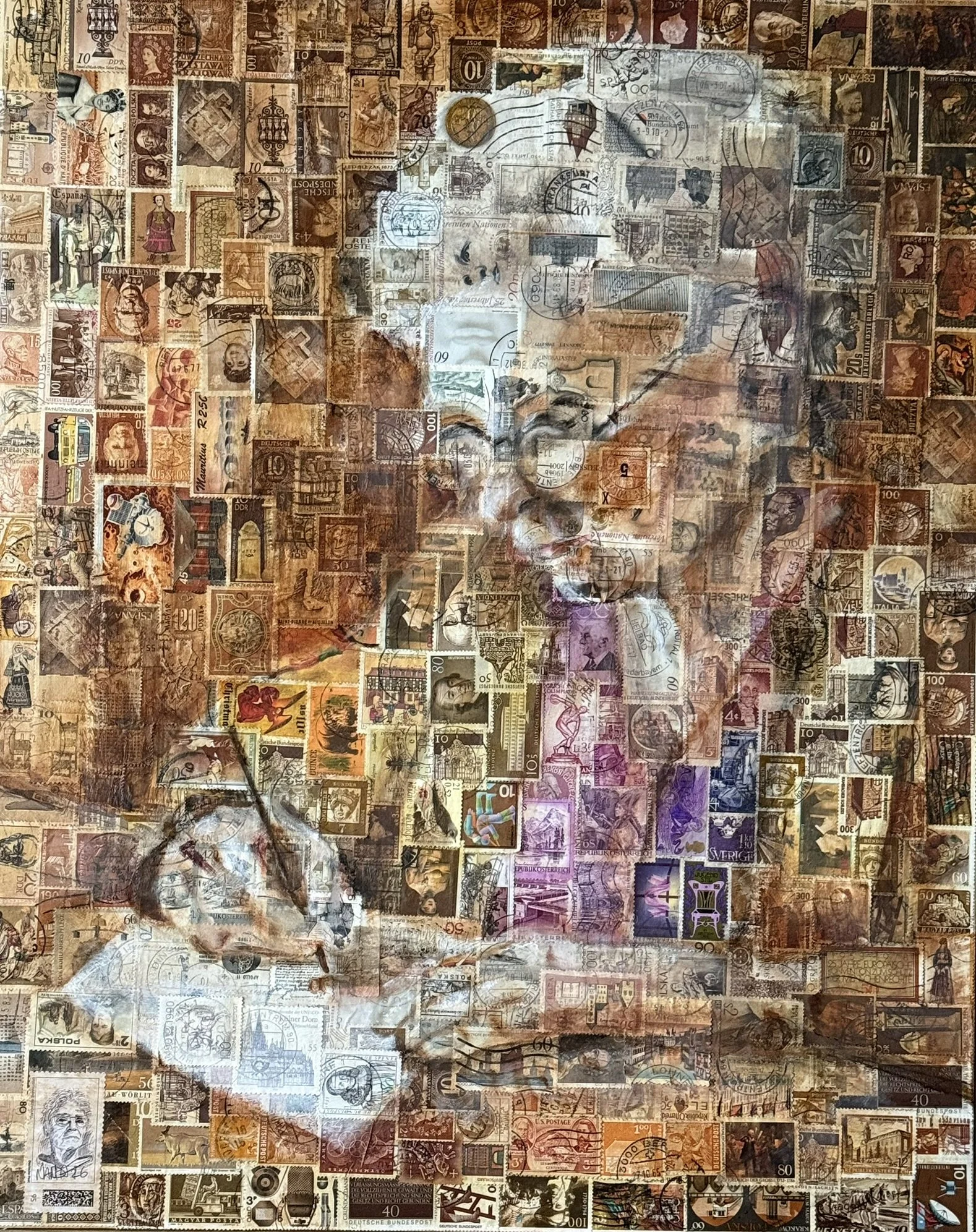 Schreibende Frau II, 50 x 40 cm, Öl auf Briefmarken (MDF-Platte)