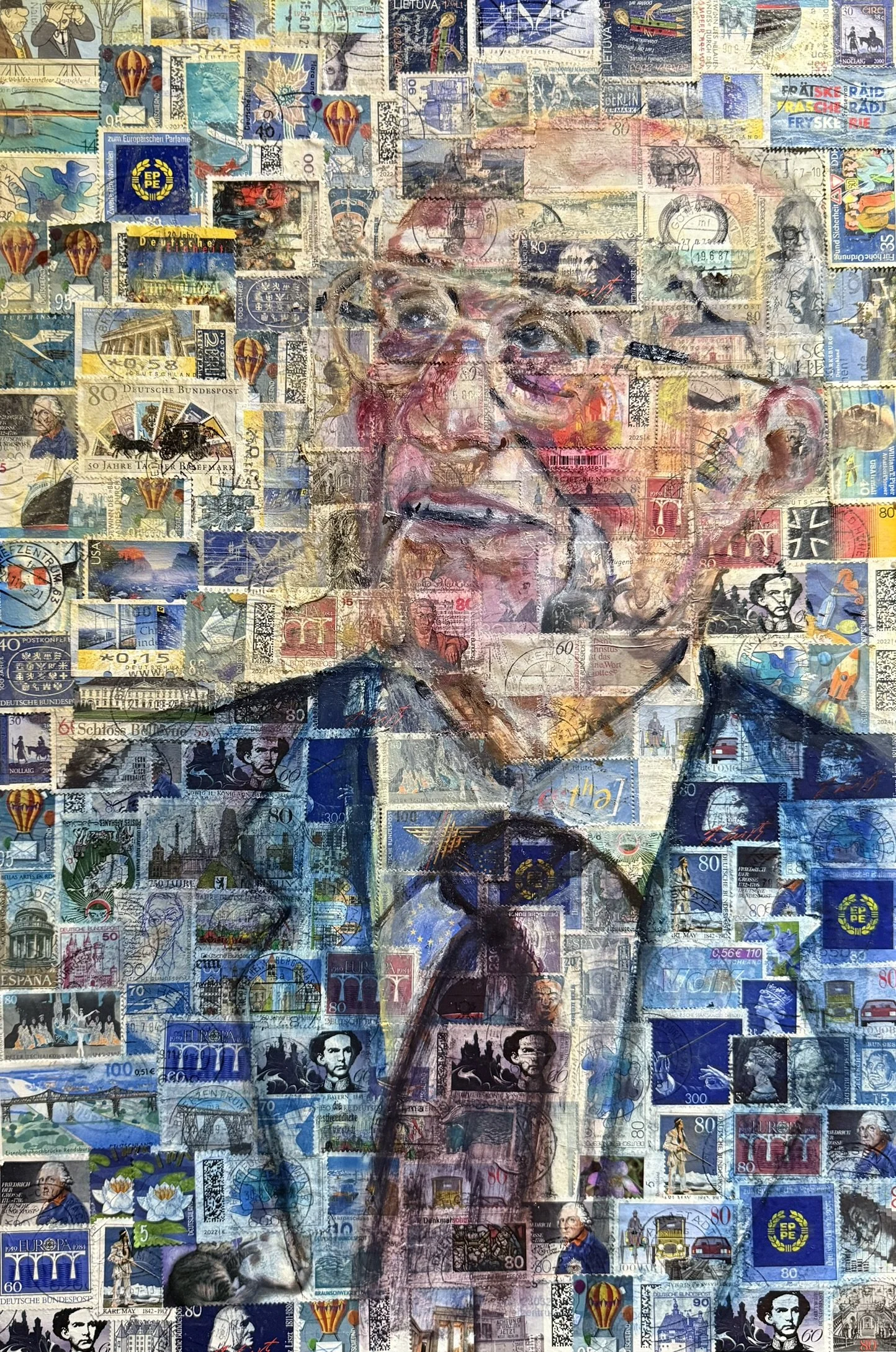 Willi, 48 x 35 cm, Öl auf Briefmarken (MDF-Platte) - unverkäuflich