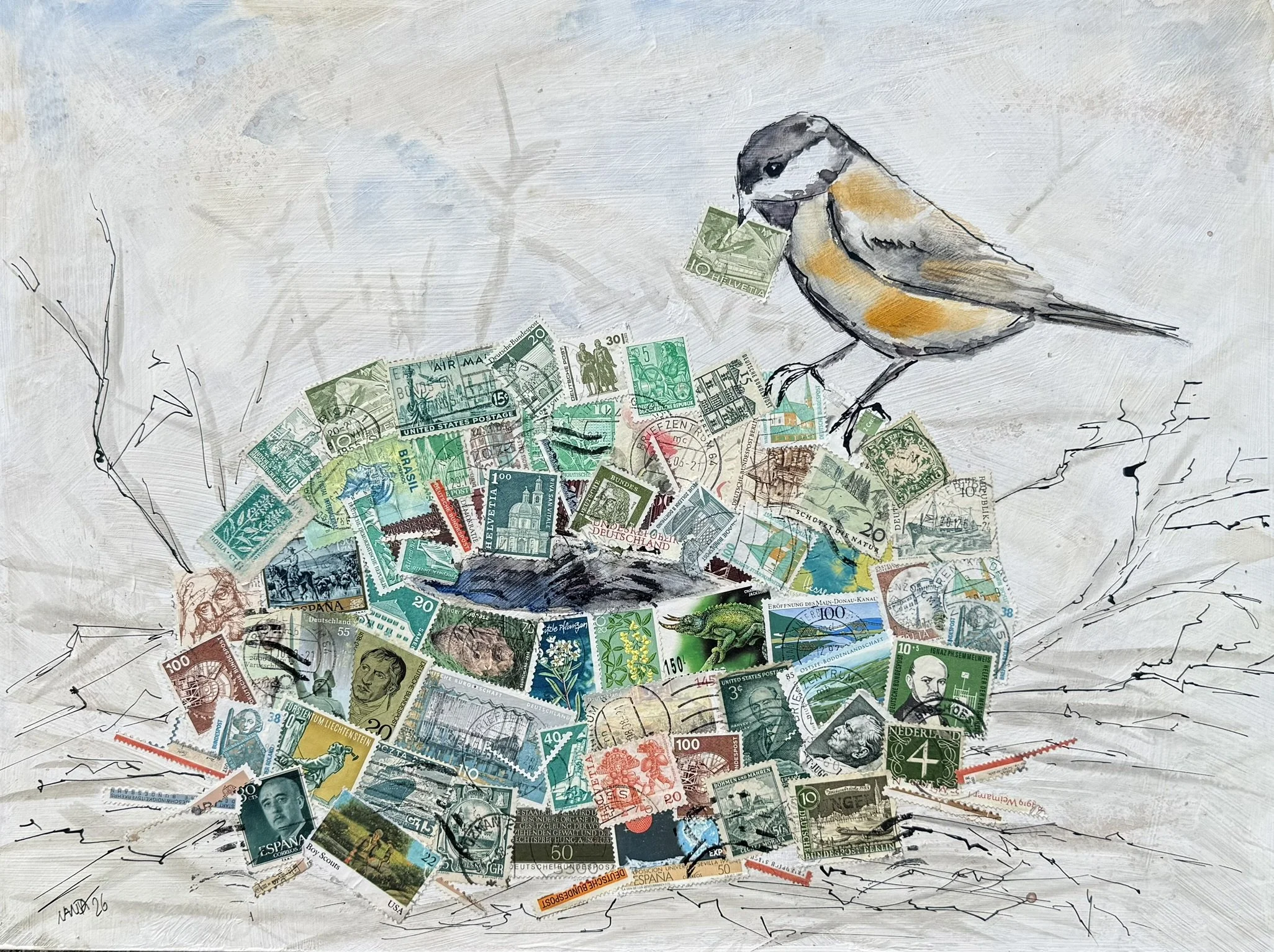 Vogel, 30 x 40 cm, Mischform (Aquarell, Tusche und Briefmarken) auf MDF-Block, 2026