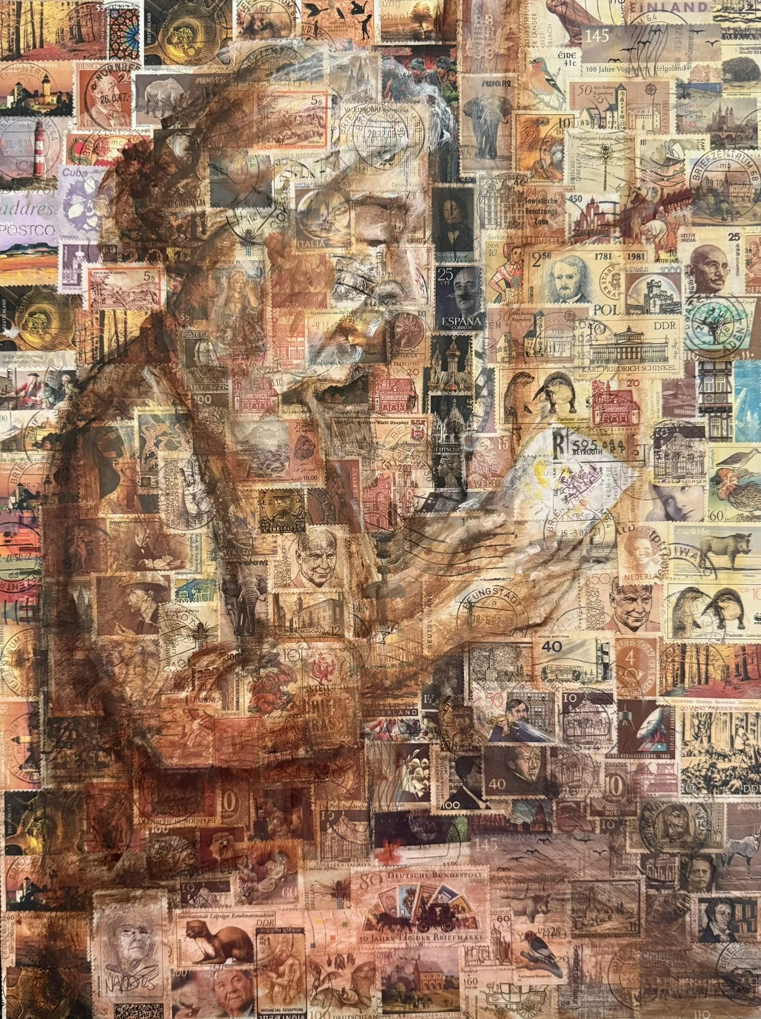 Lesende Frau, 41 x 31 cm, Öl auf Briefmarken (MDF-Platte)