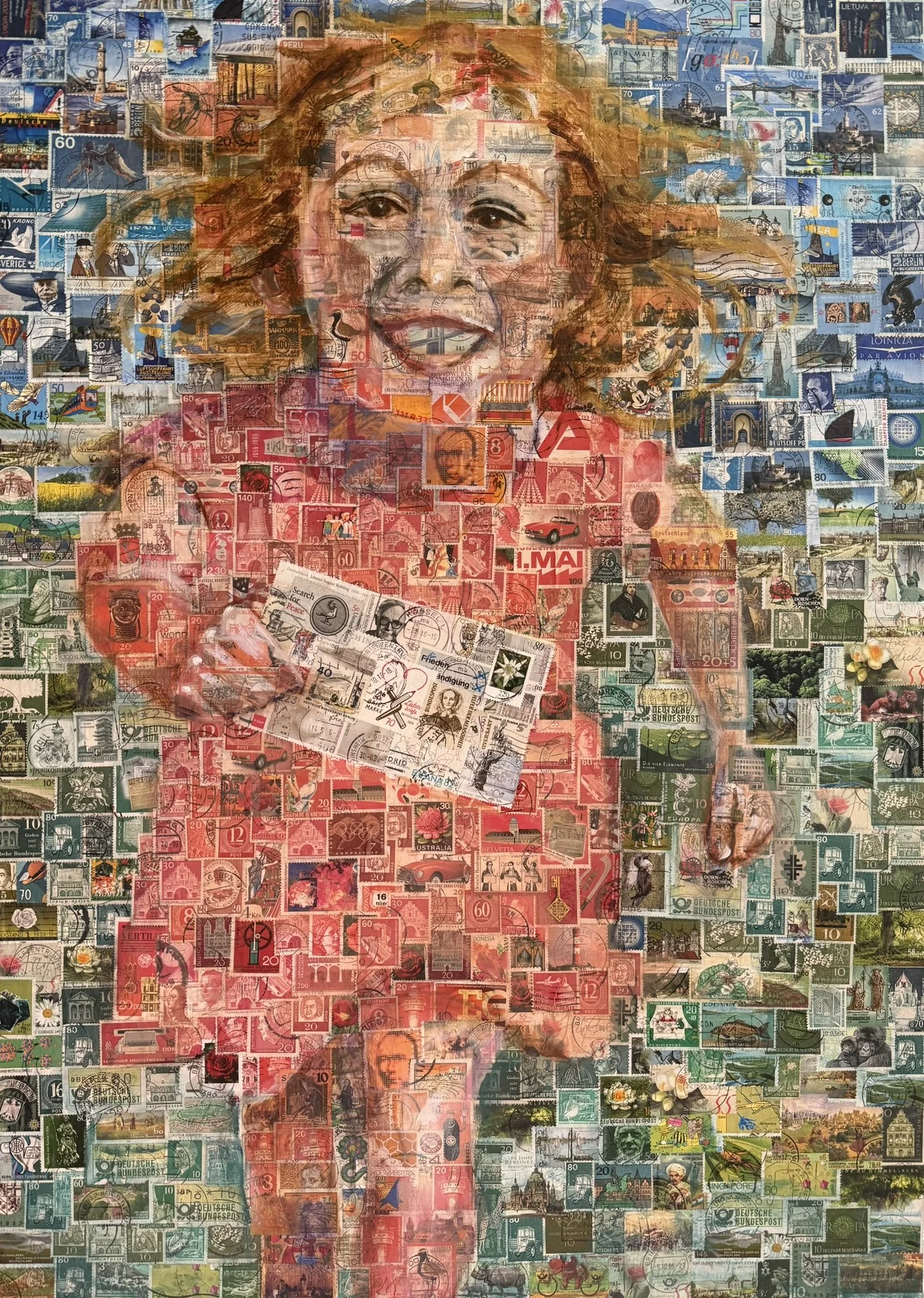 Rennendes Mädchen, 70 x 50 cm, Öl auf Briefmarken (Holzplatte)