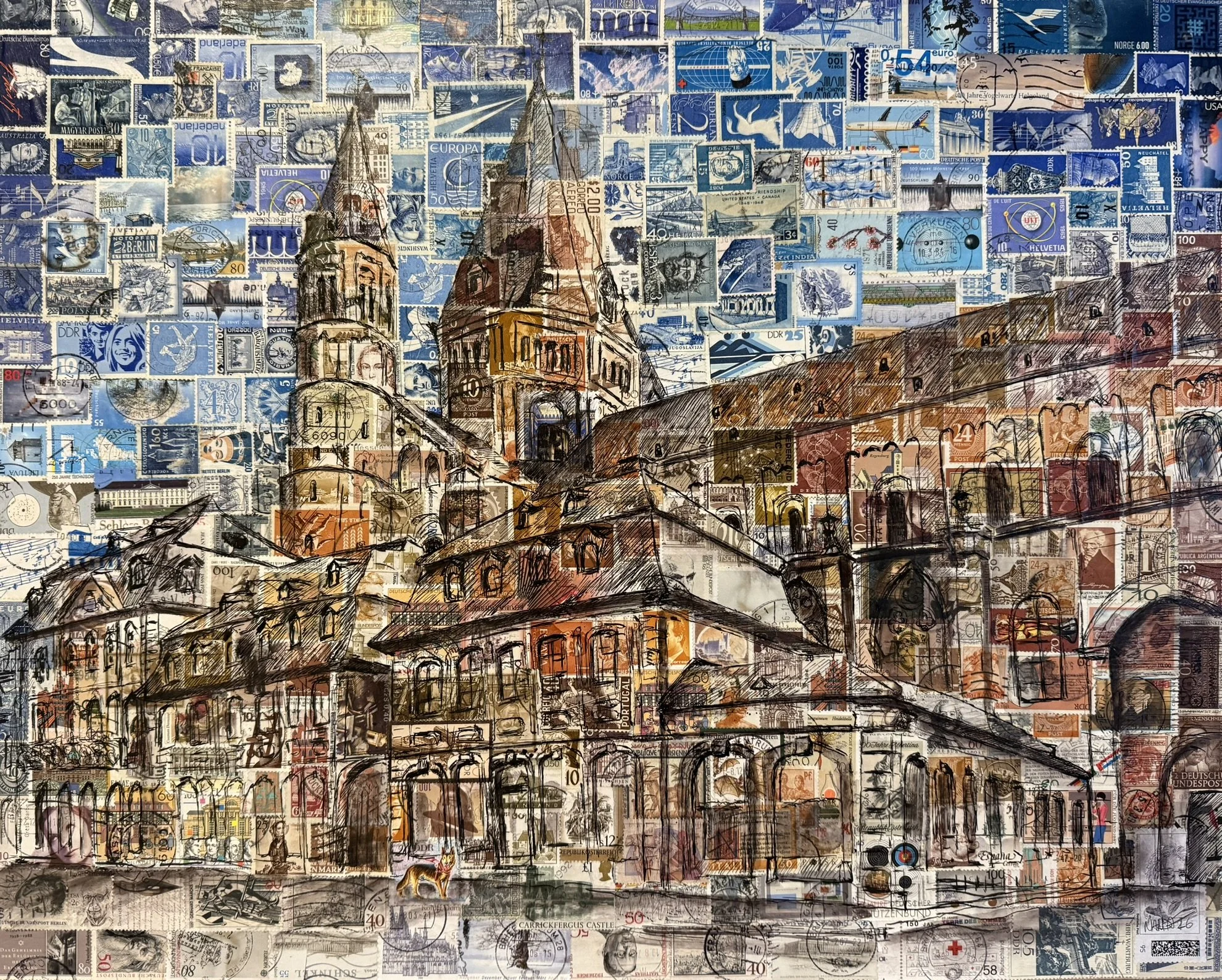 Mainzer Dom, 40 x 50 cm, Tusche auf Briefmarken (MDF-Platte auf Keilrahmen) - verkauft