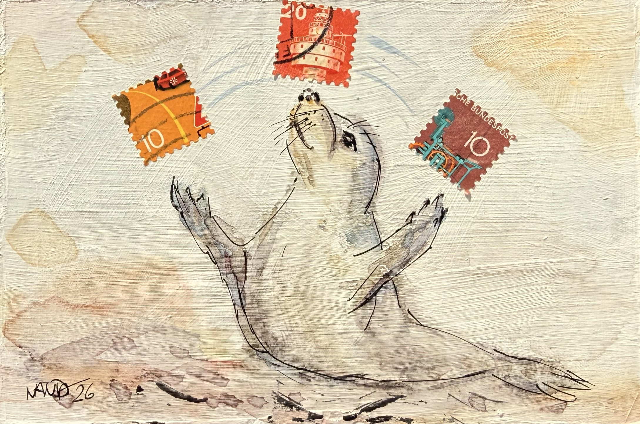 Seehund, 10 x 15 cm, Mischform (Aquarell, Tusche und Briefmarken) auf MDF-Block, 2026