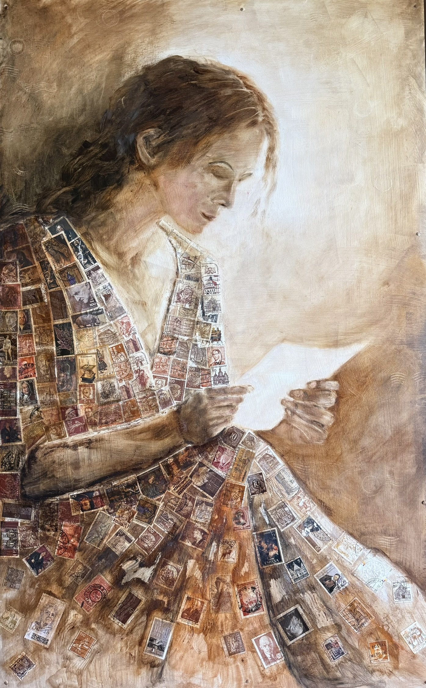 Lesende Frau II, 80 x 50 cm, Öl mit Briefmarken (MDF-Platte) - verkauft