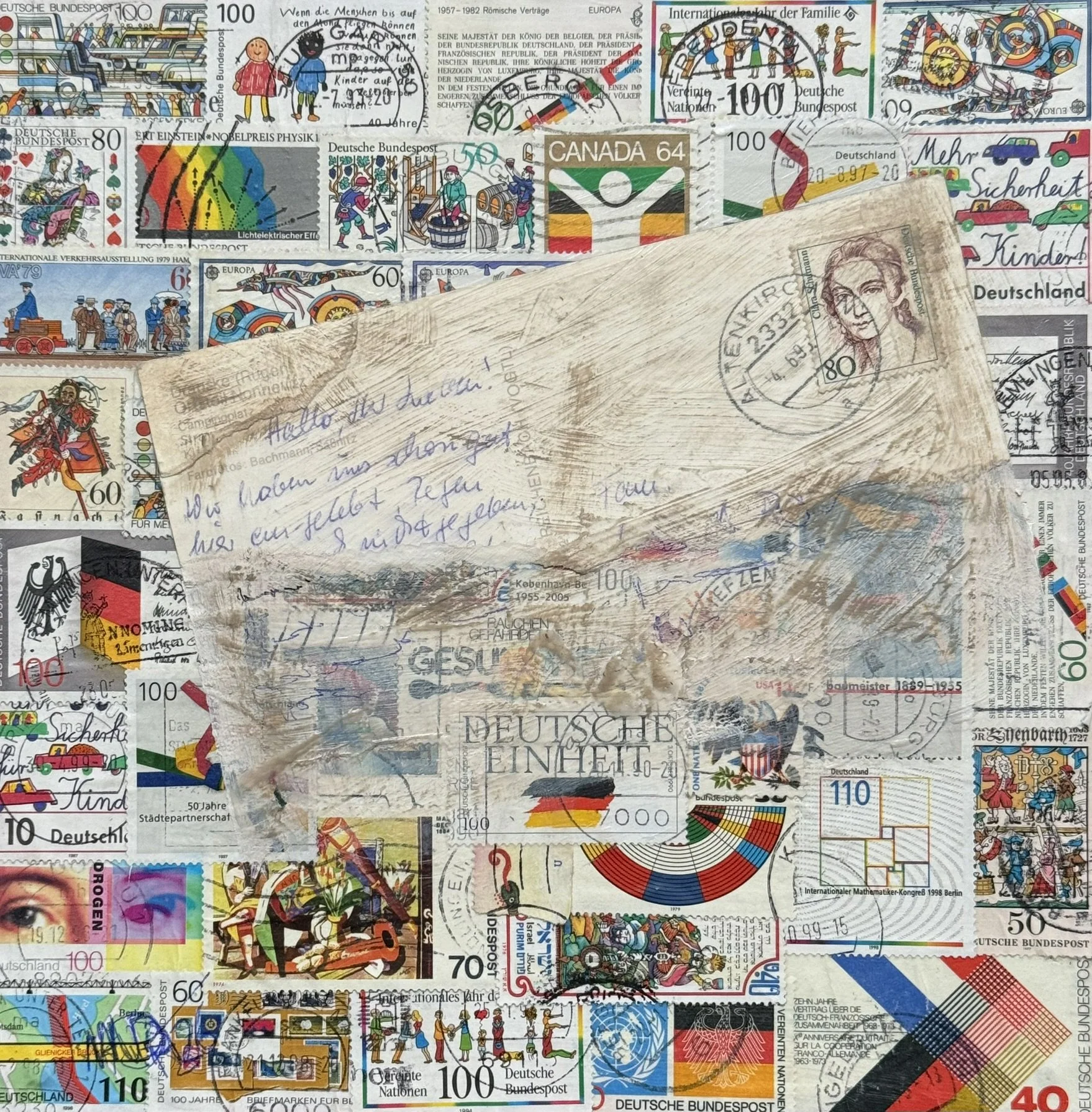 Textnachricht, 20 x 20 cm, Öl auf Briefmarken- und Postkartencollage (MDF-Platte)