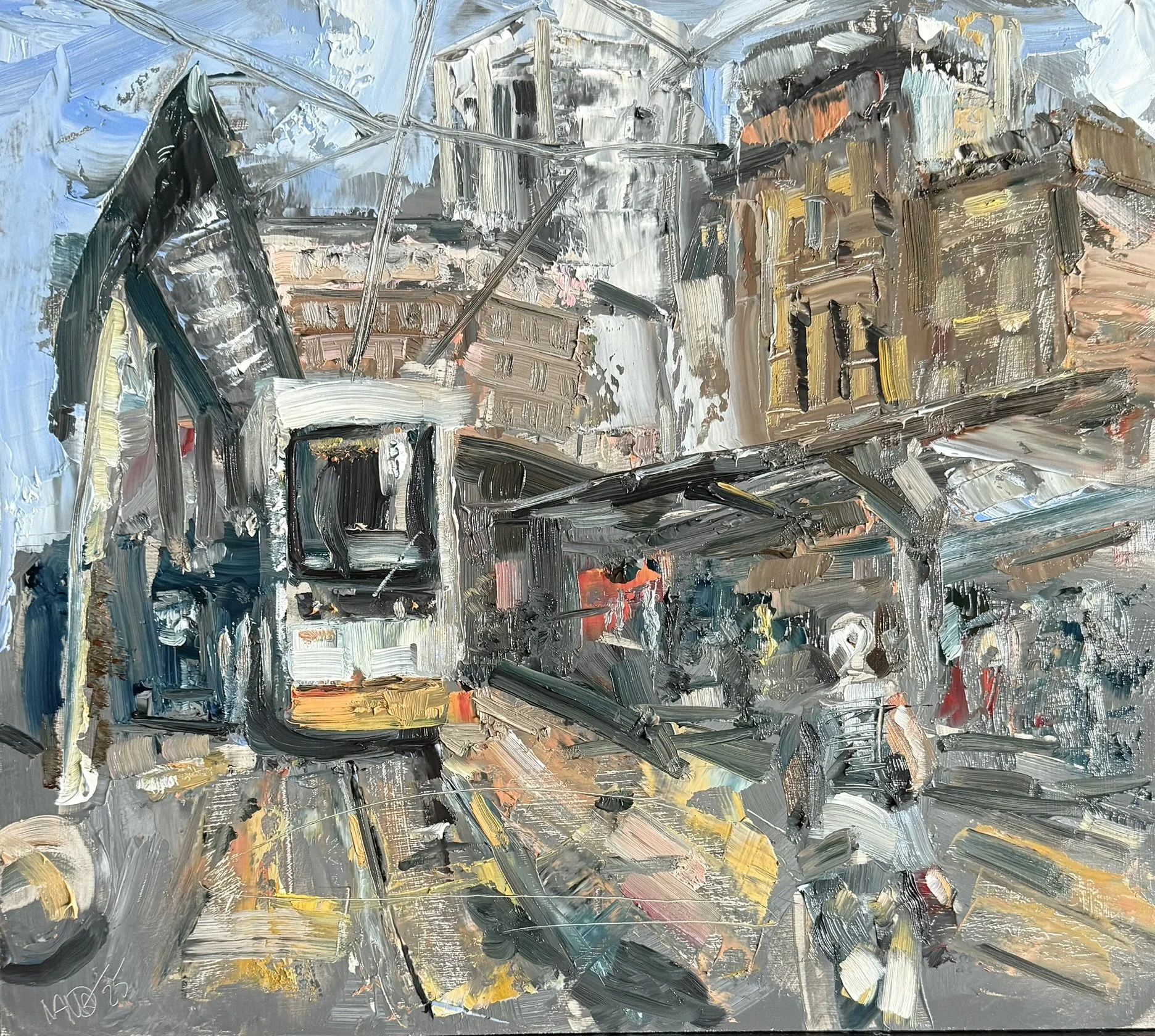 Straßenbahnhaltestelle, 31 x 35 cm, Öl auf MDF-Platte, 2025 - verkauft