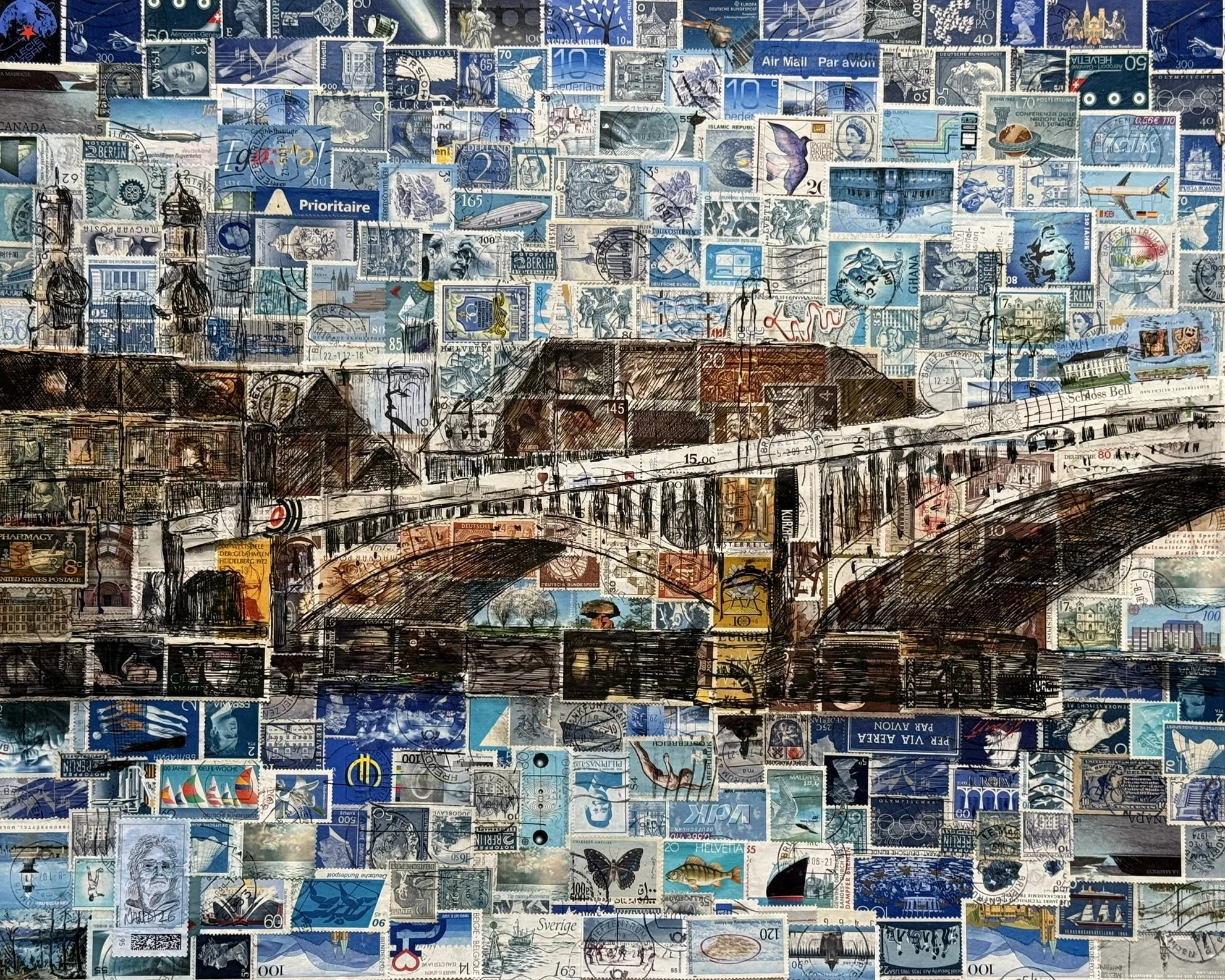 Theodor-Heuss-Brücke, 40 x 50 cm, Tusche auf Briefmarken (MDF-Platte auf Keilrahmen), 2026 - verkauft