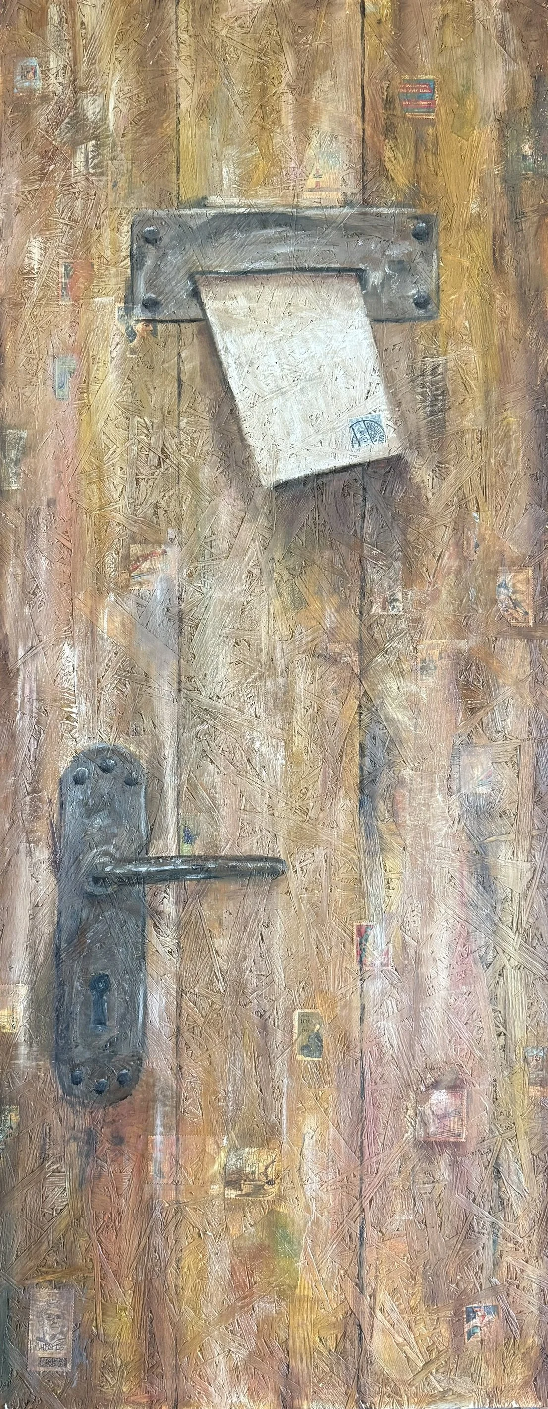 dazwischen, 100 x 40 cm, Öl und Briefmarken (OSB-Platte), 2026
