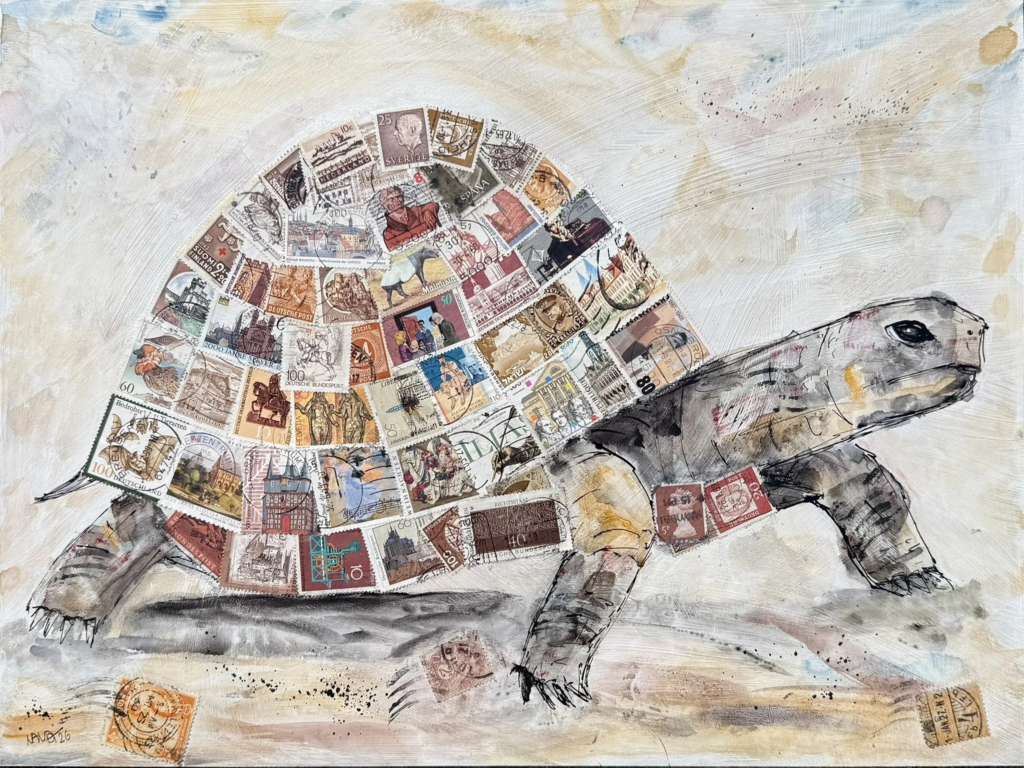 Schildkröte, 30 x 40 cm, Mischform (Aquarell, Tusche und Briefmarken) auf MDF-Block, 2026