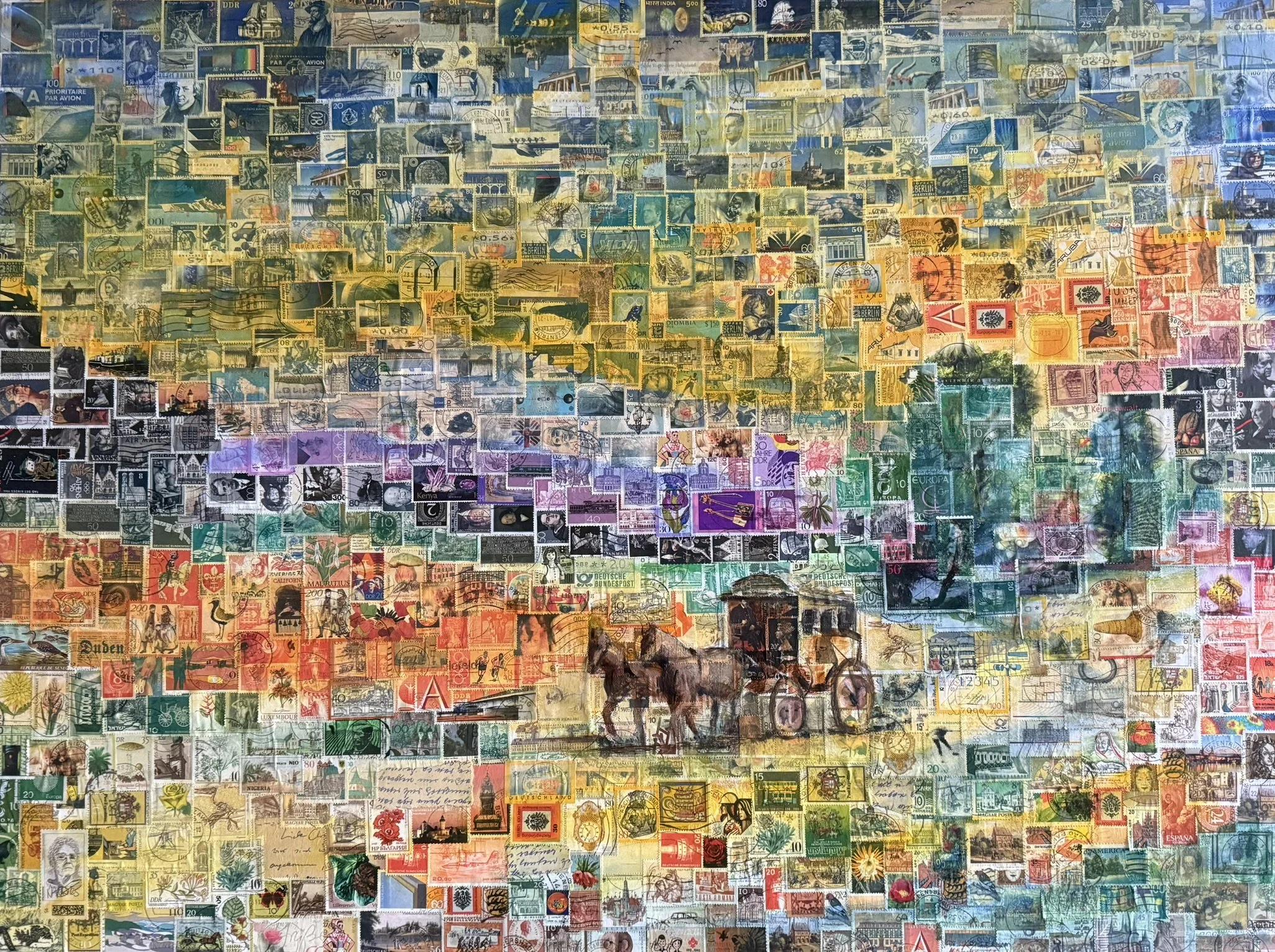 Postkutsche, 60 x 80 cm, Öl auf Briefmarken (Holzplatte)