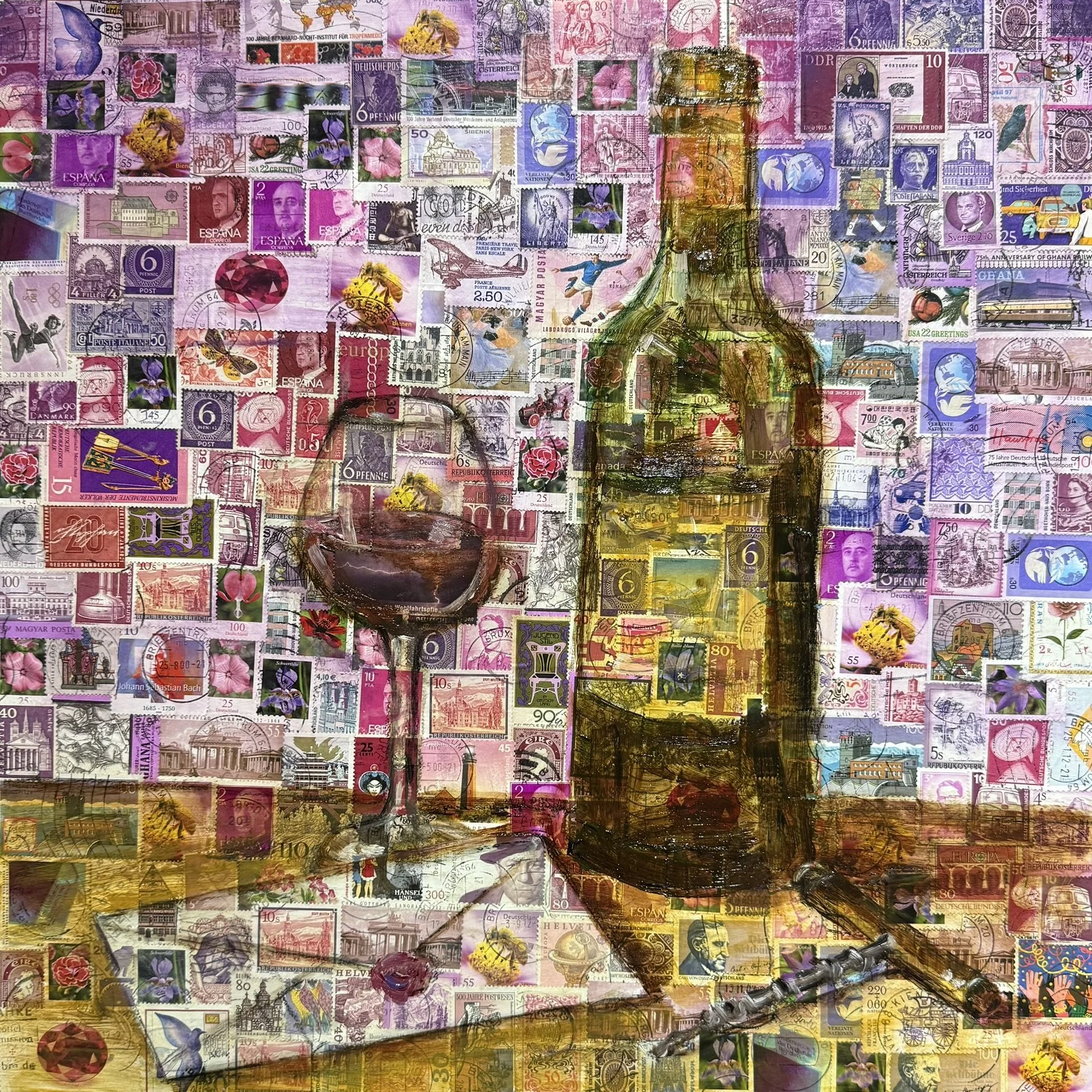 Wein mit Brief, 40 x 40 cm, Öl auf Briefmarken (MDF-Platte)