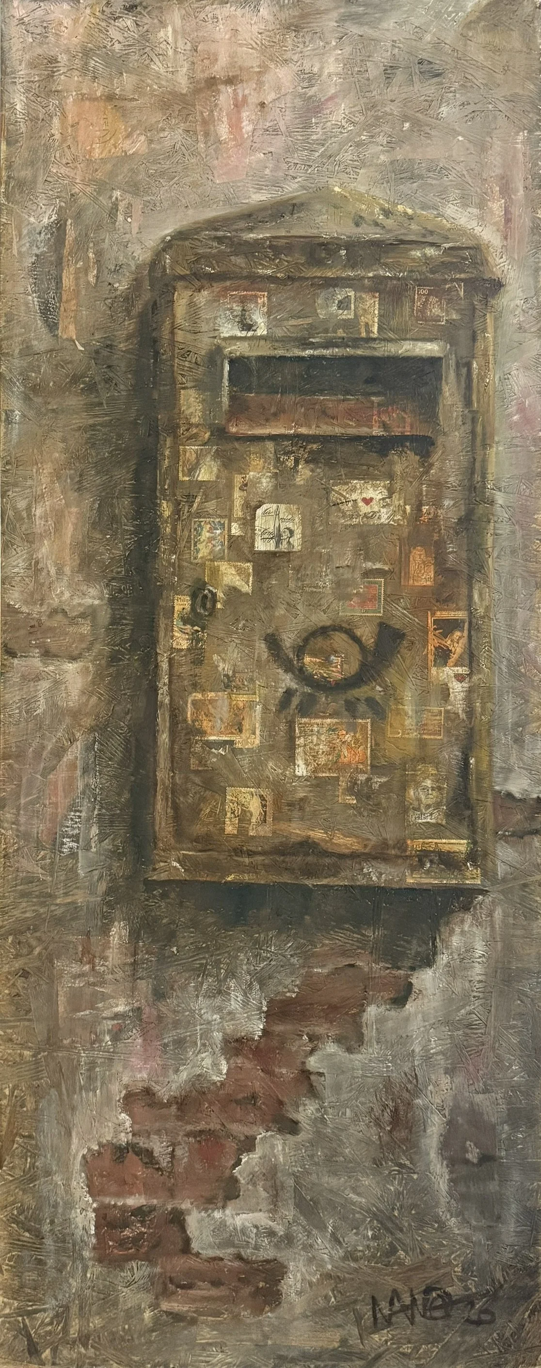 vorbei, 100 x 40 cm, Öl und Briefmarken (Pressspanplatte)
