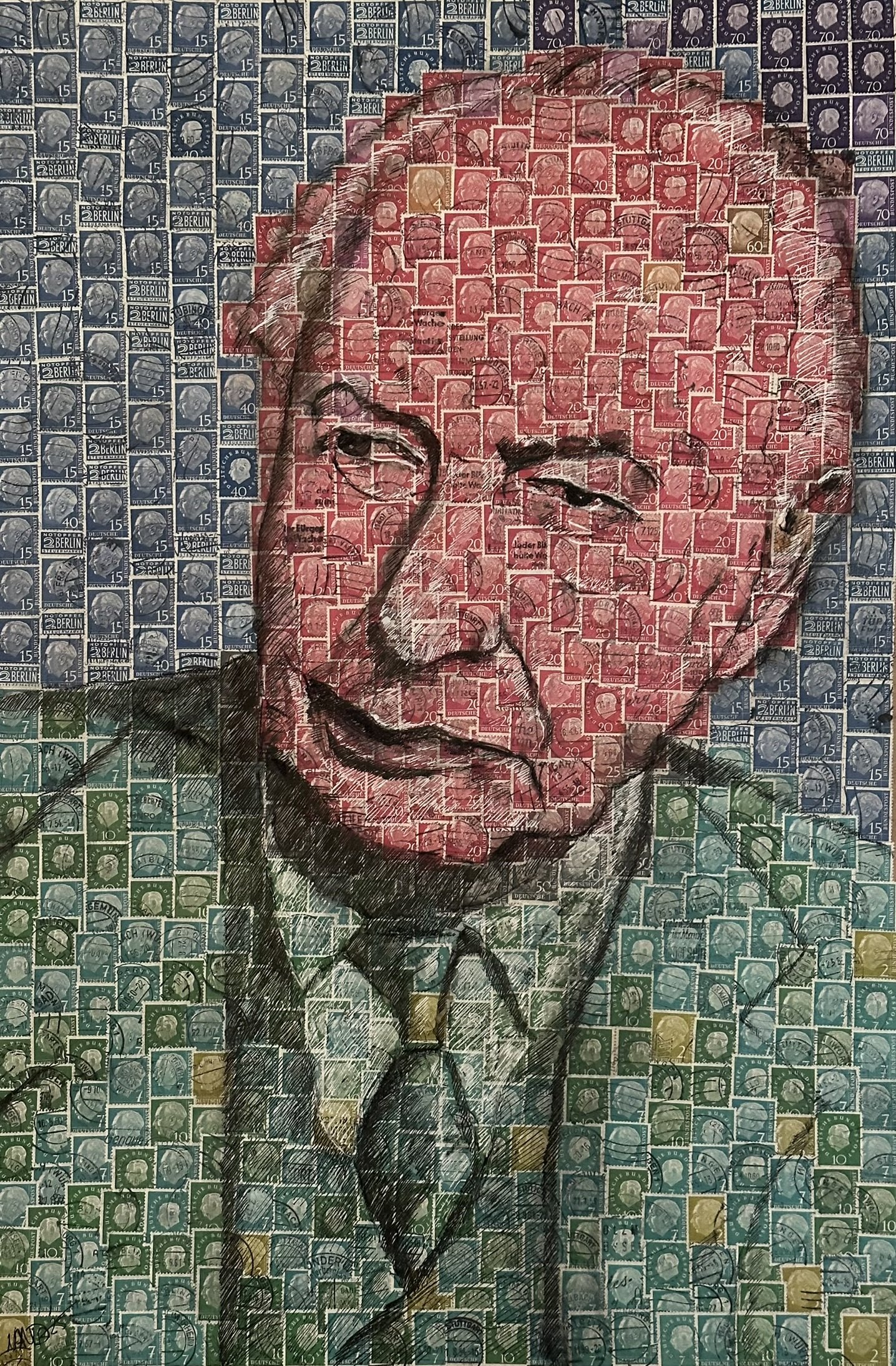 Theodor Heuss, 60 x 40 cm, Tusche auf Briefmarken (MDF-Platte)