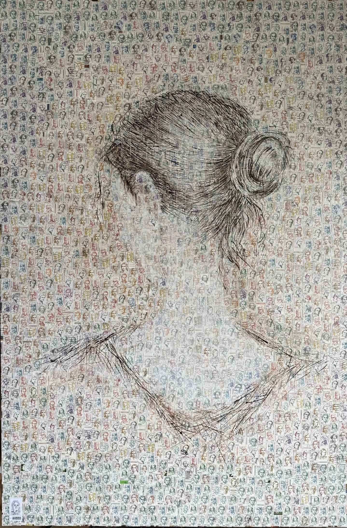 ihnen nach, 120 x 80 cm, Öl auf Briefmarken der Serie "Berühmte Frauen der deutschen Geschichte" (MDF-Platte)