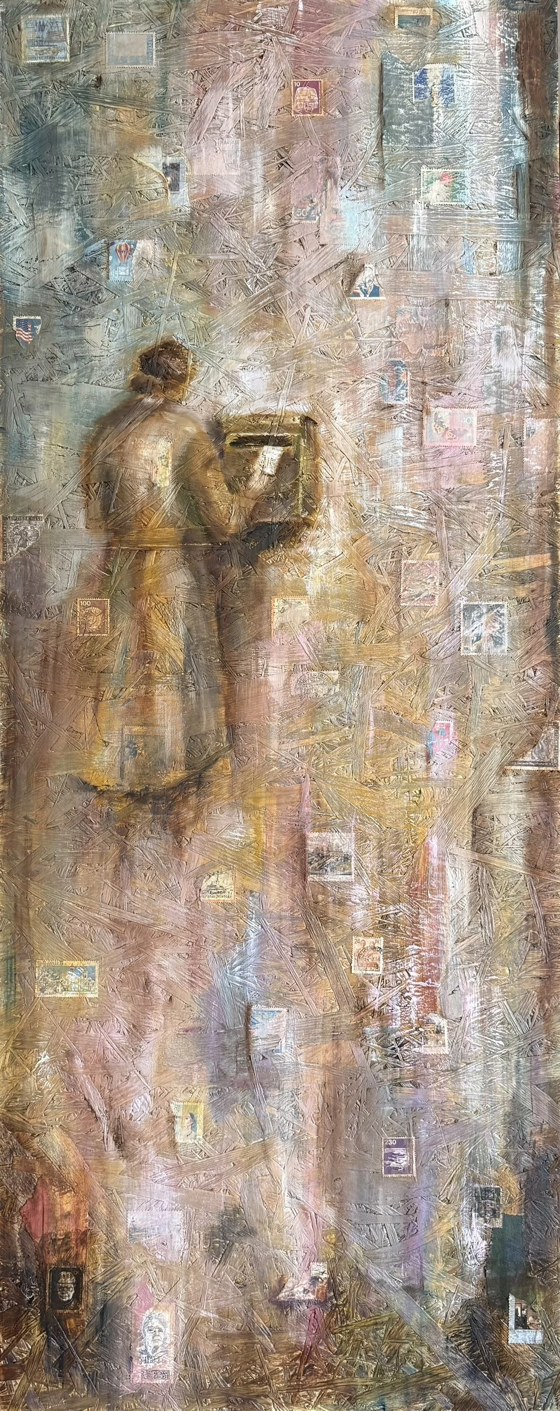 fern, 100 x 40 cm, Öl und Briefmarken (OSB-Platte), 2026