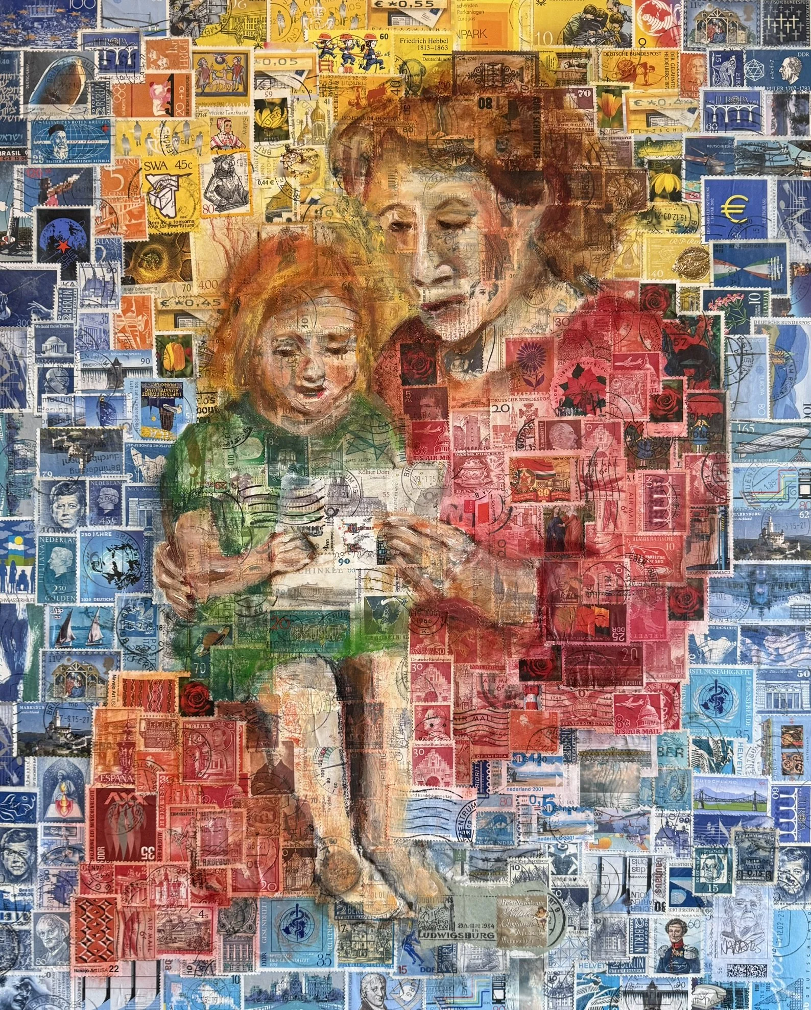 Mutter mit Kind, 50 x 41 cm, Öl auf Briefmarken (MDF-Platte)