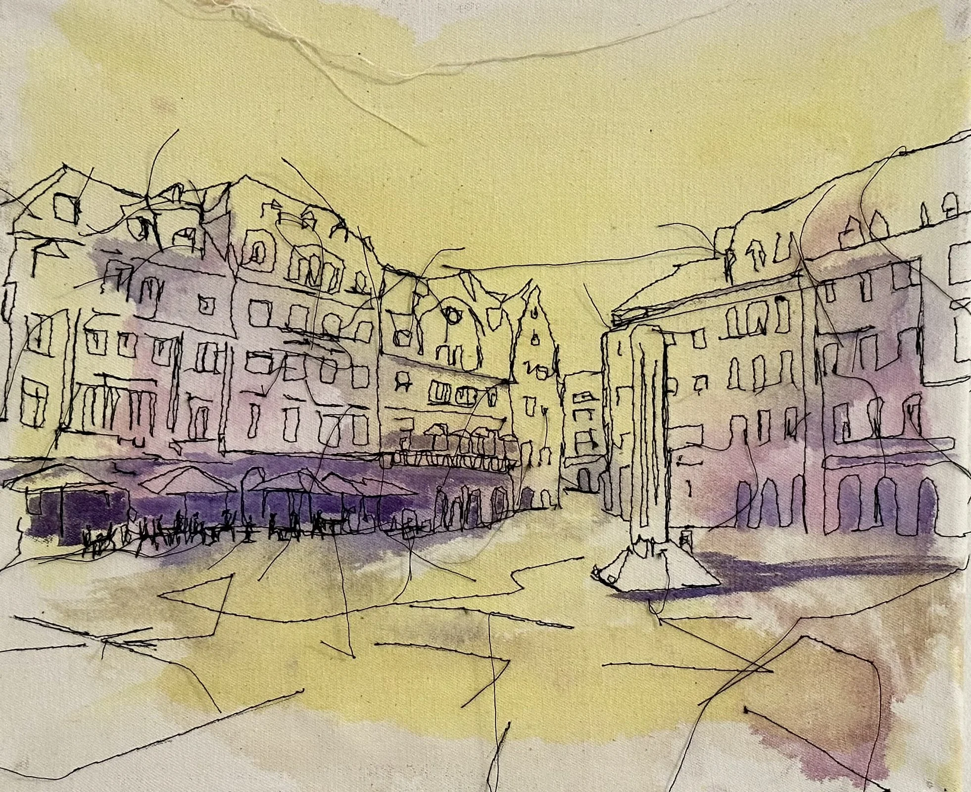 Mainzer Markt, 24 x 30 cm, Maschinenstickerei und Aquarell auf Leinwand, 2024