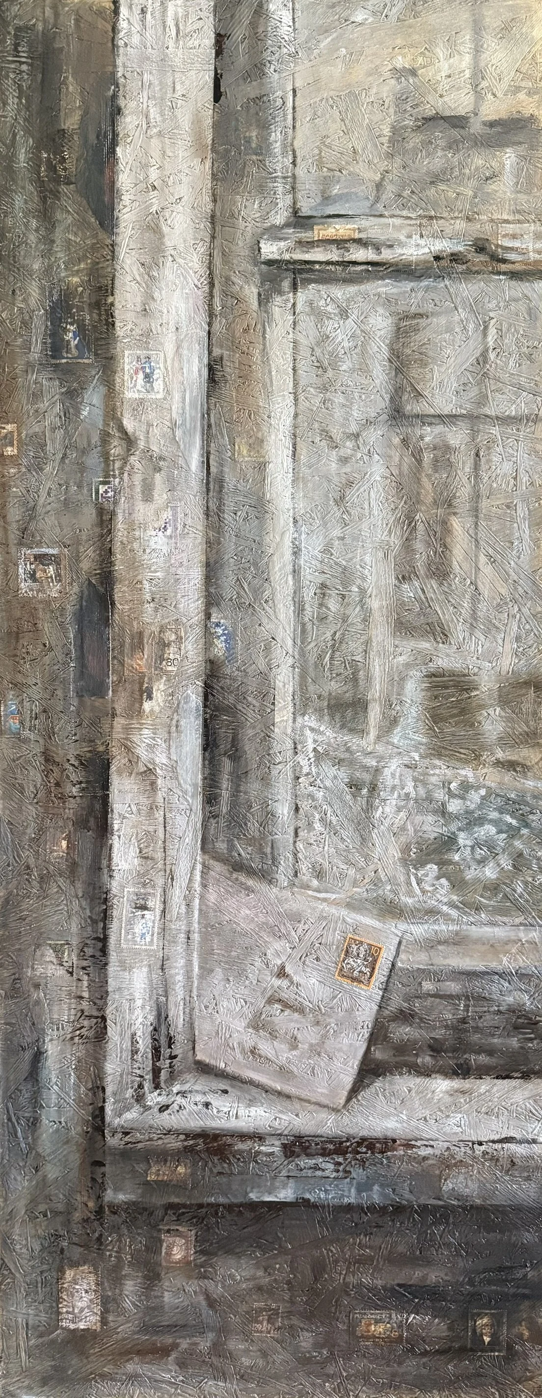 noch da, 100 x 40 cm, Öl und Briefmarken (OSB-Platte), 2026