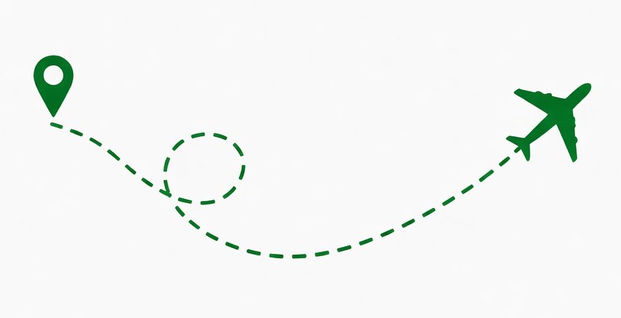 Green map pin and airplane with a dashed flight path on a white background.
