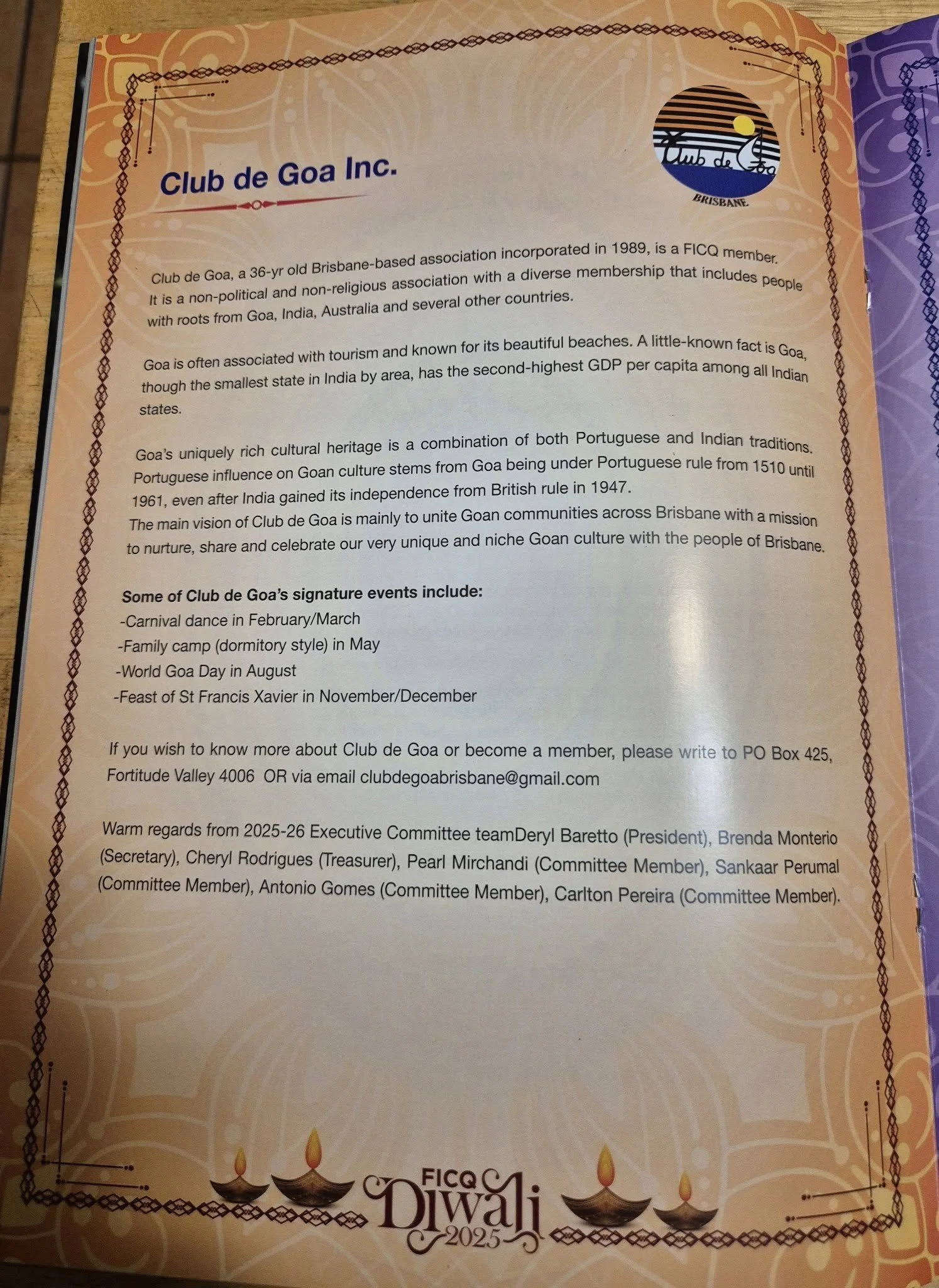 Information page about Club de Goa Inc. featuring logo and Diwali Festival 2025 design.