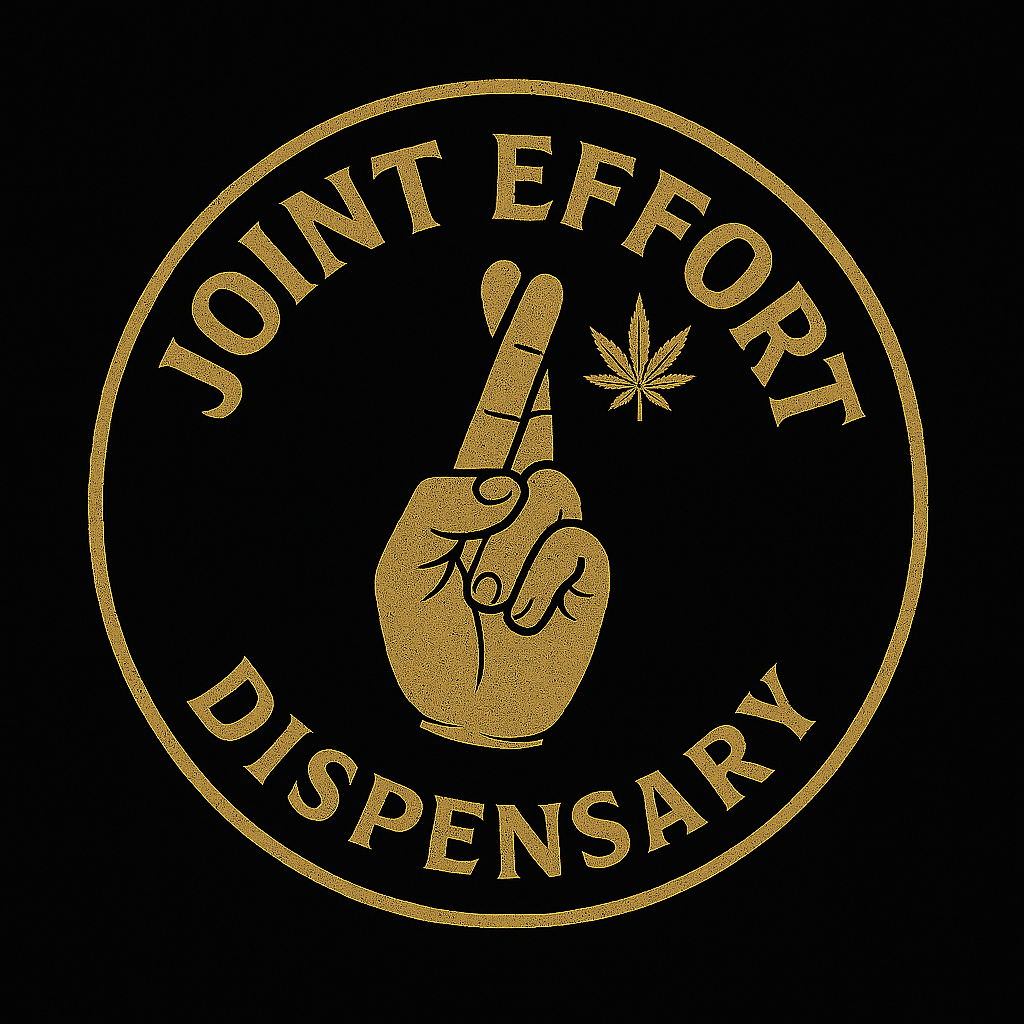 A circular logo with a black background and gold outline. Inside, a gold hand with one finger pointing upward, a marijuana leaf, and the words "Join Effort Dispensary" around the top and bottom.