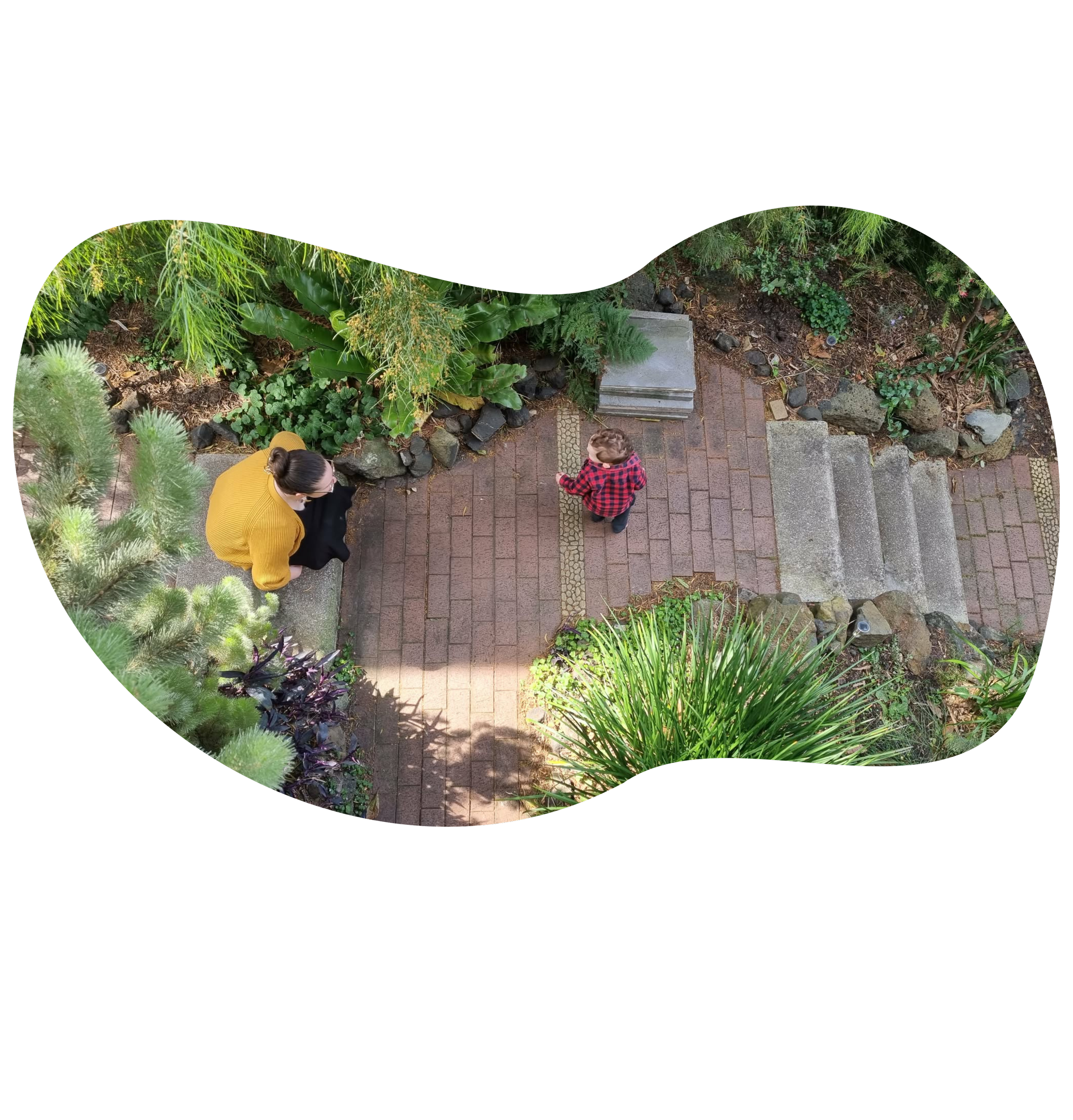 Top-down view of a woman and a boy sitting and standing on a brick pathway surrounded by green plants and rocks