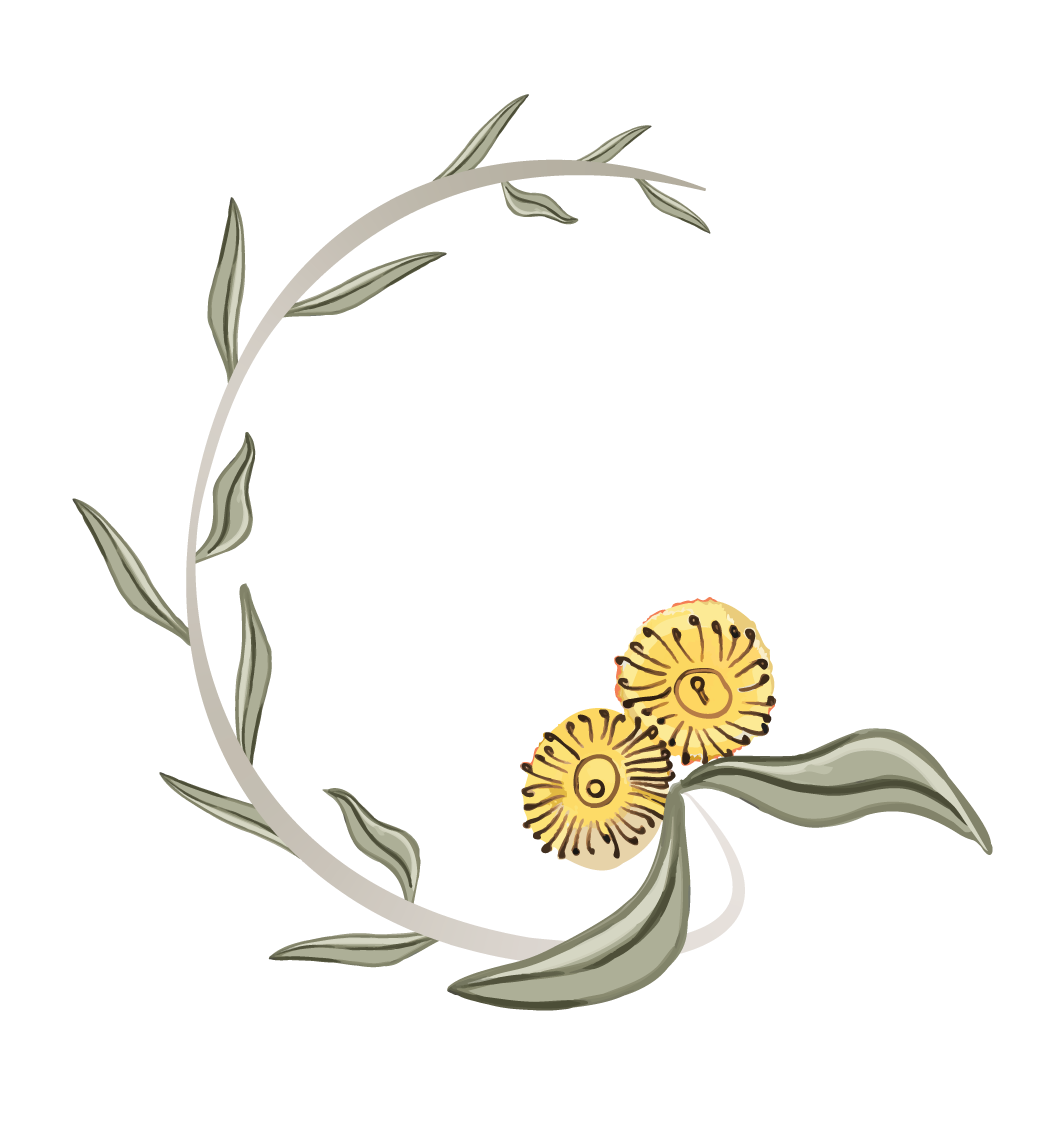 Close-up of a decorative container with a greenish-gray body, adorned with yellow and black floral patterns and surrounded by silvery leaves.