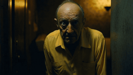 A man with a serious expression, bald with thinning hair, wearing a yellow shirt in a dimly lit room.