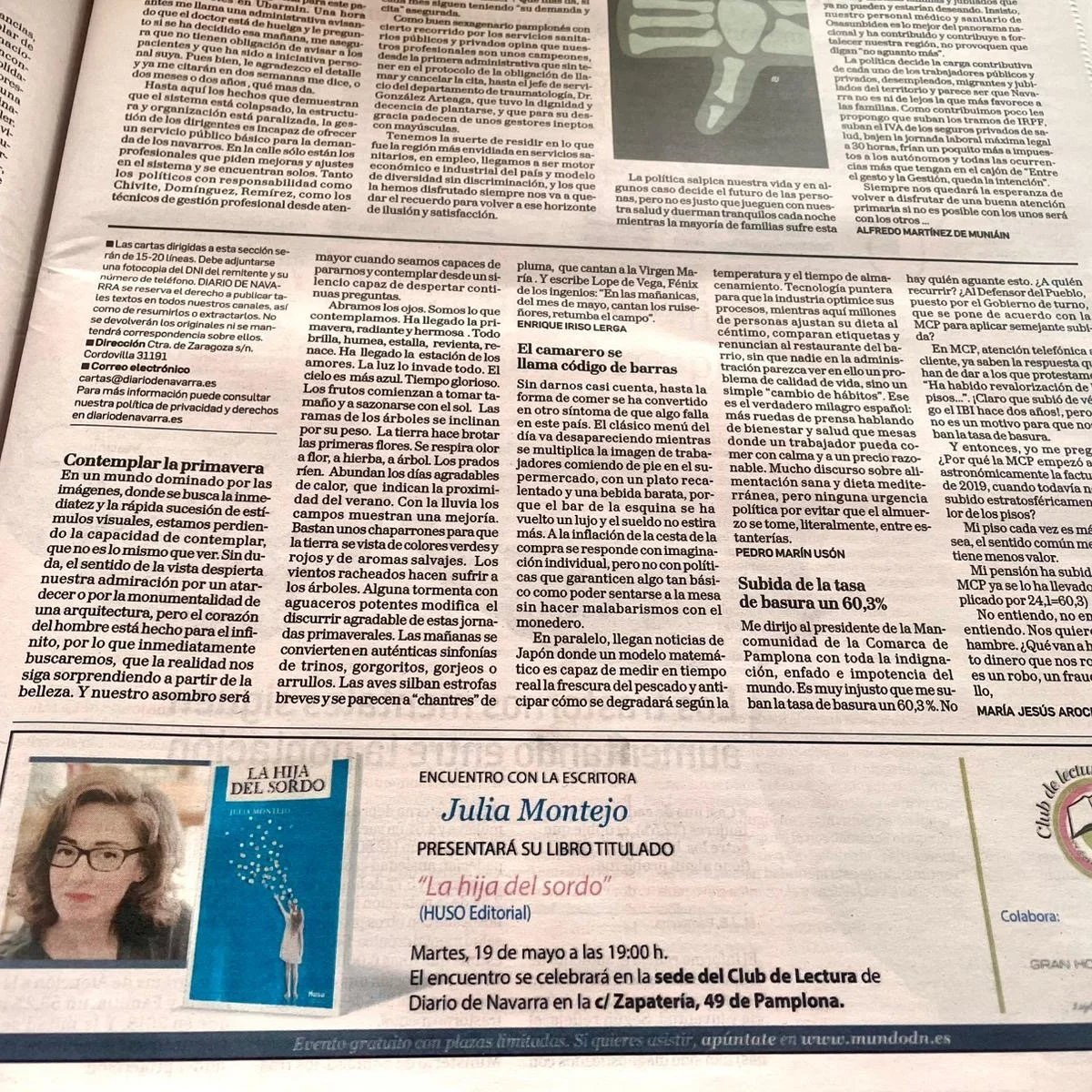 Queridas paisanas y paisanos, ya pod&eacute;is reservar plaza para el encuentro que se celebrar&aacute; el d&iacute;a 19 de mayo en la sede del Club de Lectura del Diario de Navarra en la calle Zapater&iacute;a 49 de Pamplona. Una tarde con @belen_ga
