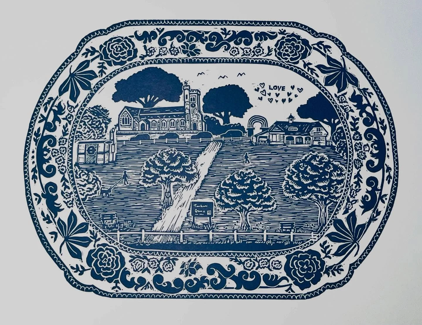 Twickenham Green Linocut print, inspired by my love of the area I live in and for blue and white ceramics, like the Willow pattern plates. #linocutprint #twickenhamgreen #twickenhamcommunity