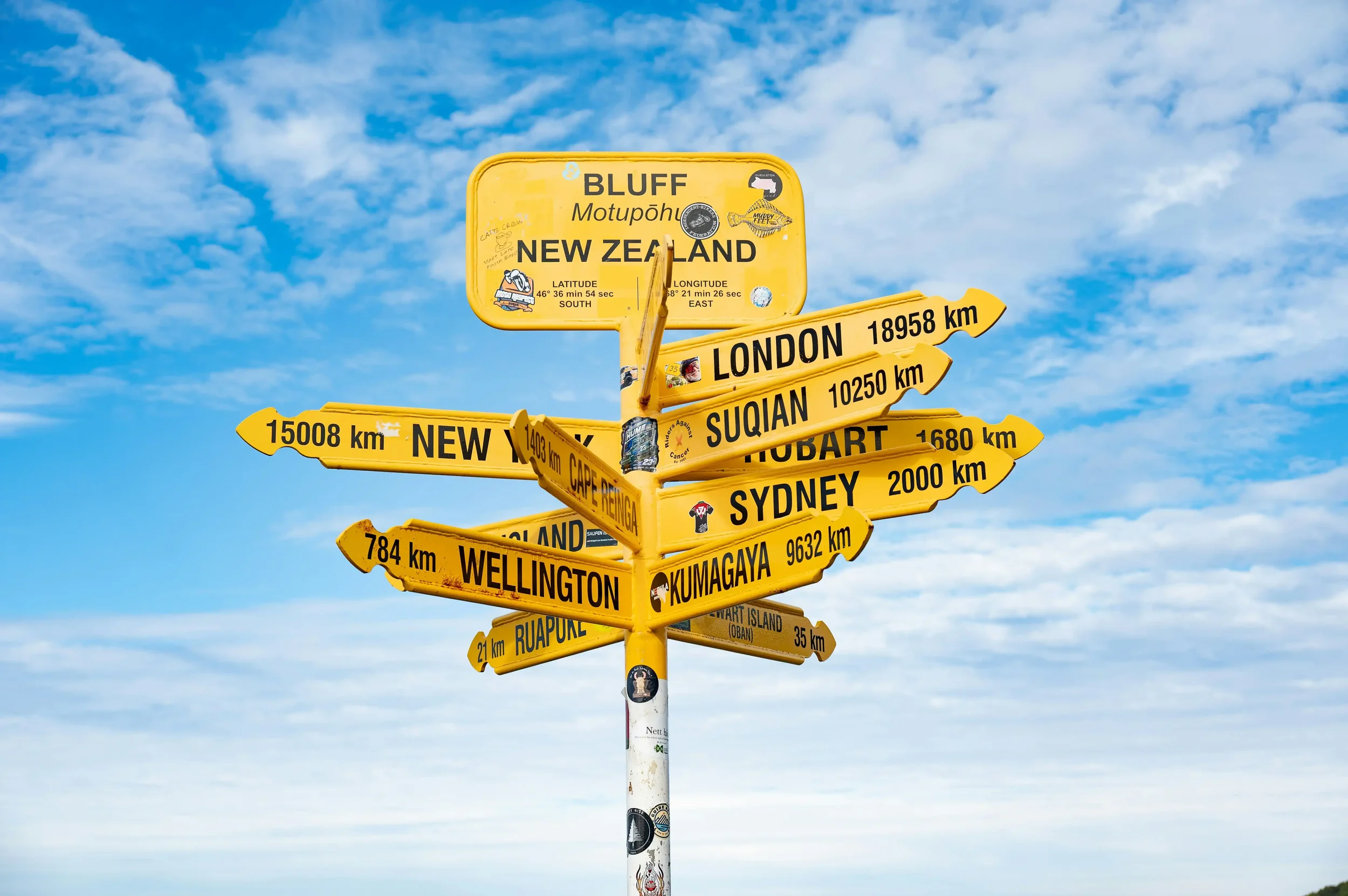 Ein gelber Wegweiser zeigt in verschiedene Richtungen mit Entfernungen zu Städten wie London, Sydney, Wellington und anderen, vor einem blauen Himmel mit Wolken.