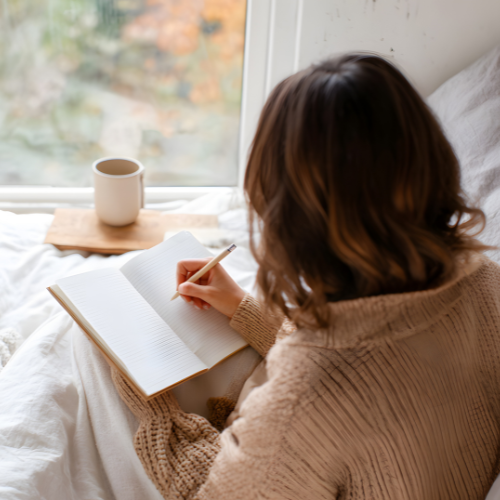 A woman sitting on a bed by a window, writing in a notebook with a cup of coffee nearby.