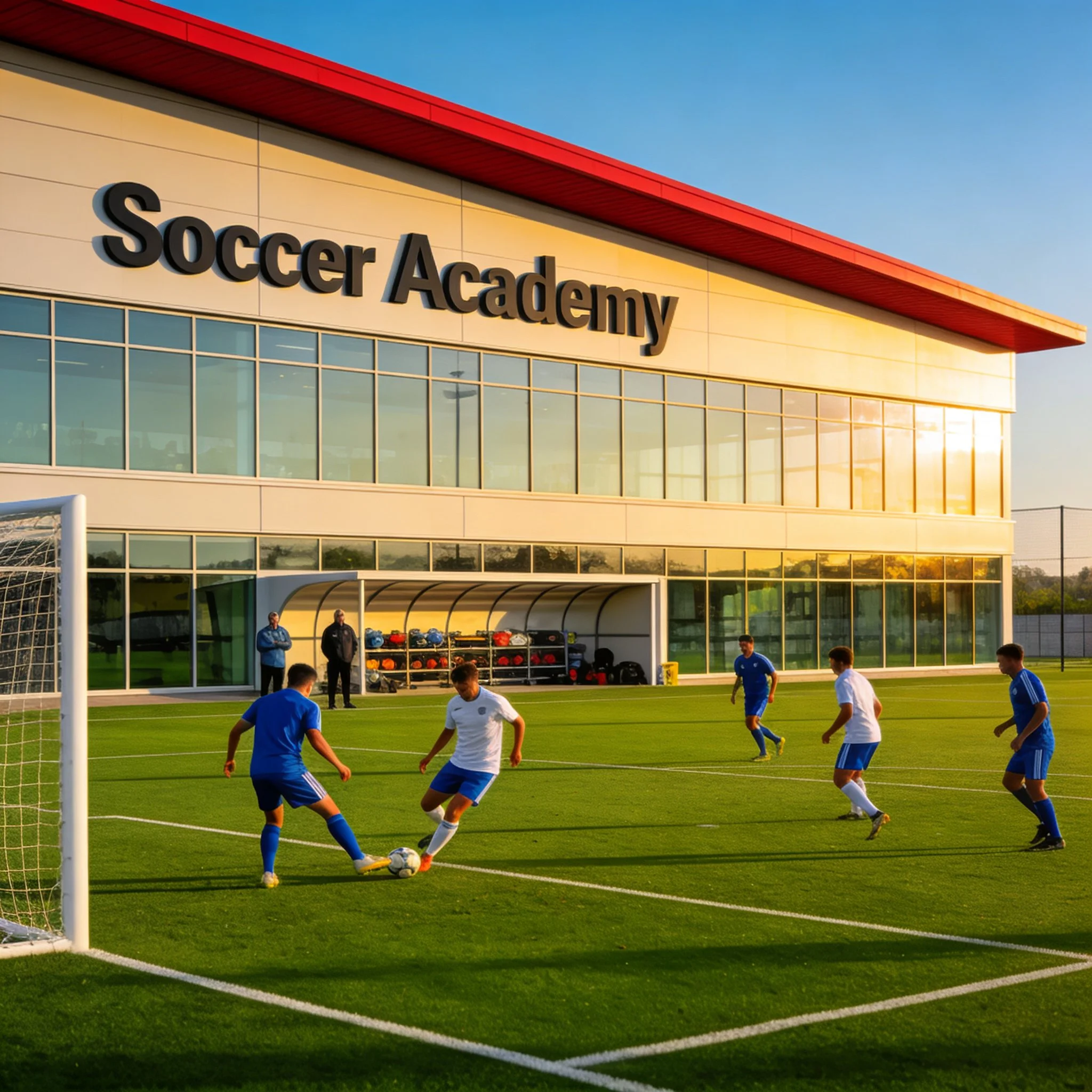Children playing soccer on a field outside a soccer academy building during sunset.