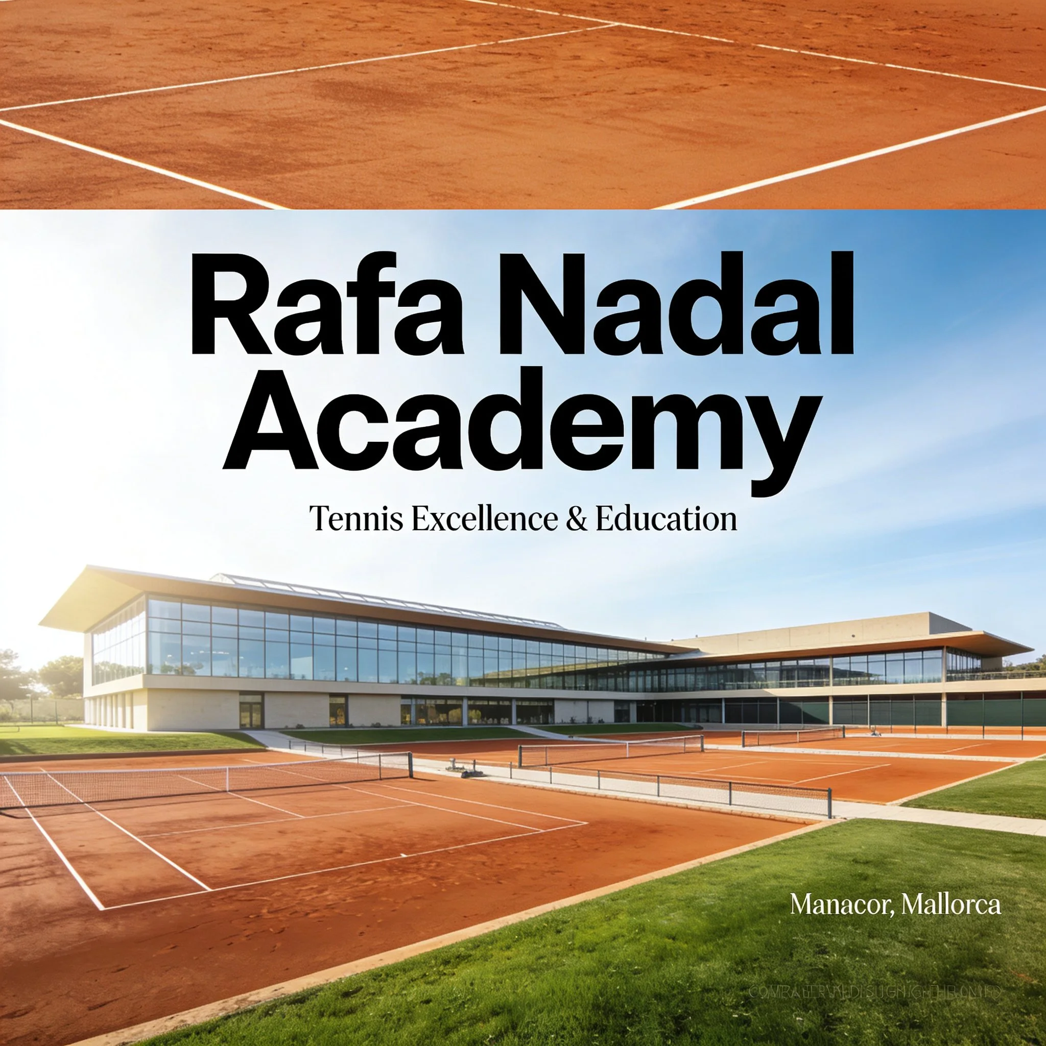 Cover image for Rafa Nadal Academy, showing multiple tennis courts with clay surface, a modern glass building, and a blue sky.