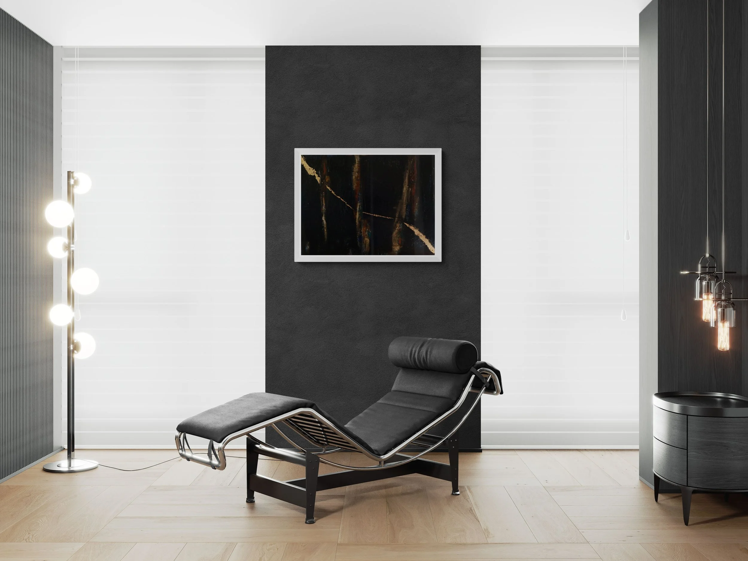 Abstract mixed media collage artwork by Virginie Hotte displayed in a modern minimalist interior with dark wall and lounge chair.