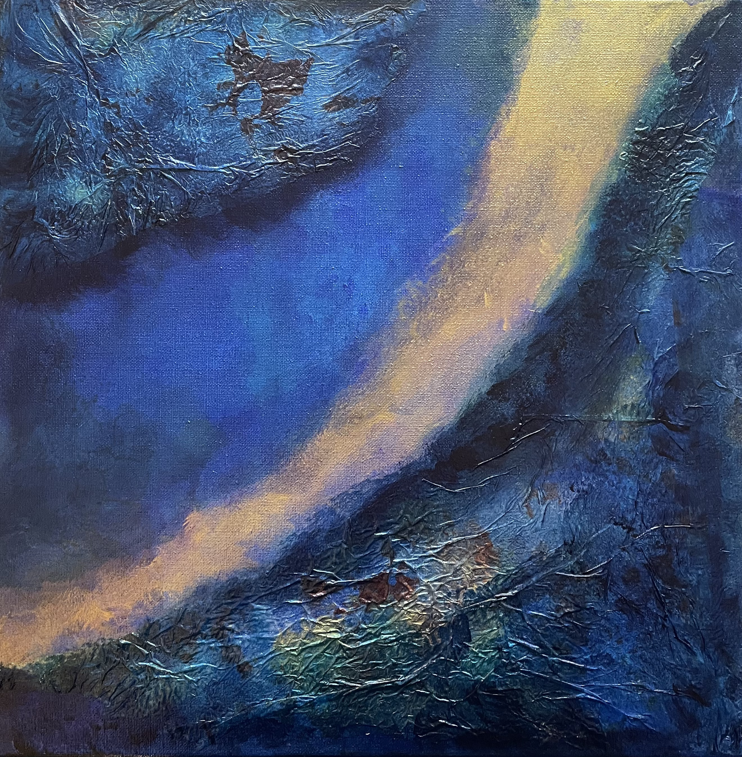 Original abstract mixed media collage artwork in deep blue and gold tones with textured layers, by contemporary artist Virginie Hotte.