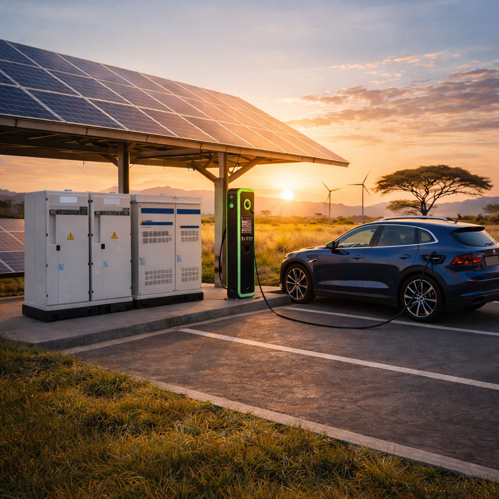 An electric car charging station with solar panels, a black electric vehicle plugged into the charger, and a sunset in the background with wind turbines and a tree in a rural landscape.