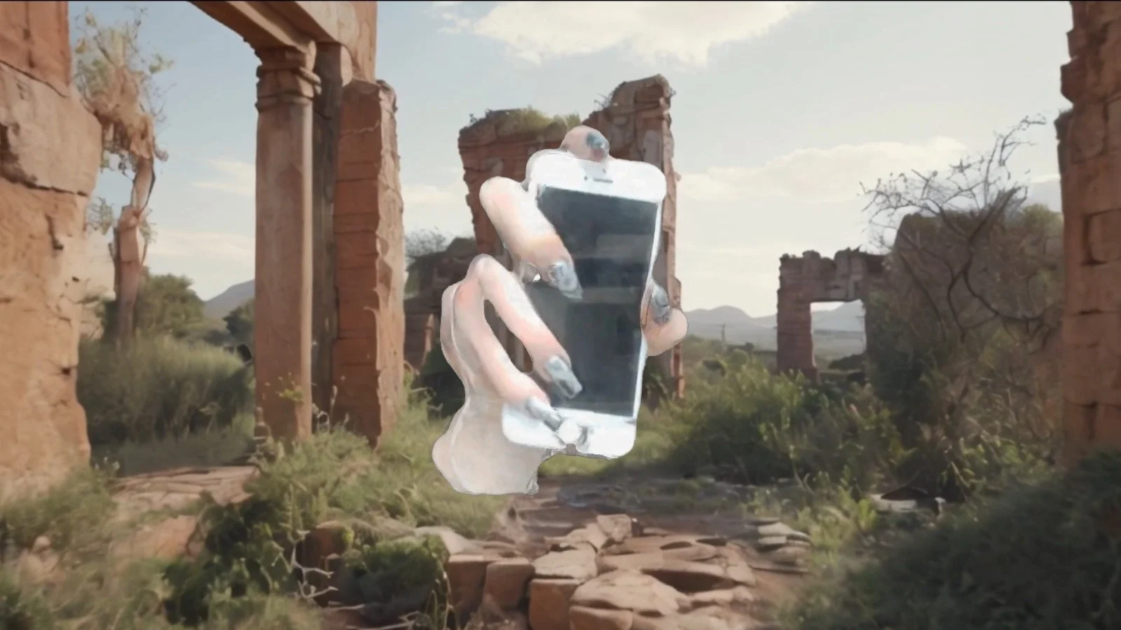 A digital collage showing a hand holding a smartphone overlaid onto an ancient ruins landscape with stone walls and green vegetation.