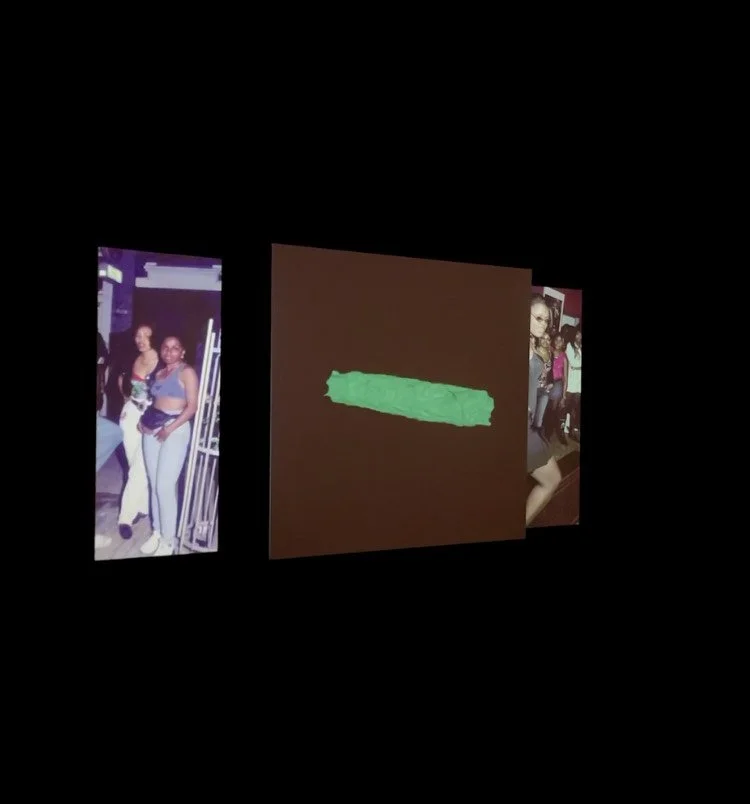 Three overlapping digital images displayed on a screen, with two showing group photos of people at an indoor event and the middle image showing a green object on a dark background.