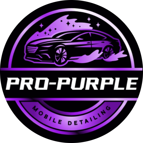 Logo of a black sports car surrounded by stars and a purple gradient background, with the text 'Pro-Purple Mobile Detailing'