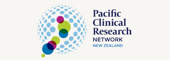 Logo of the Pacific Clinical Research Network New Zealand with a stylized globe and connected circles.