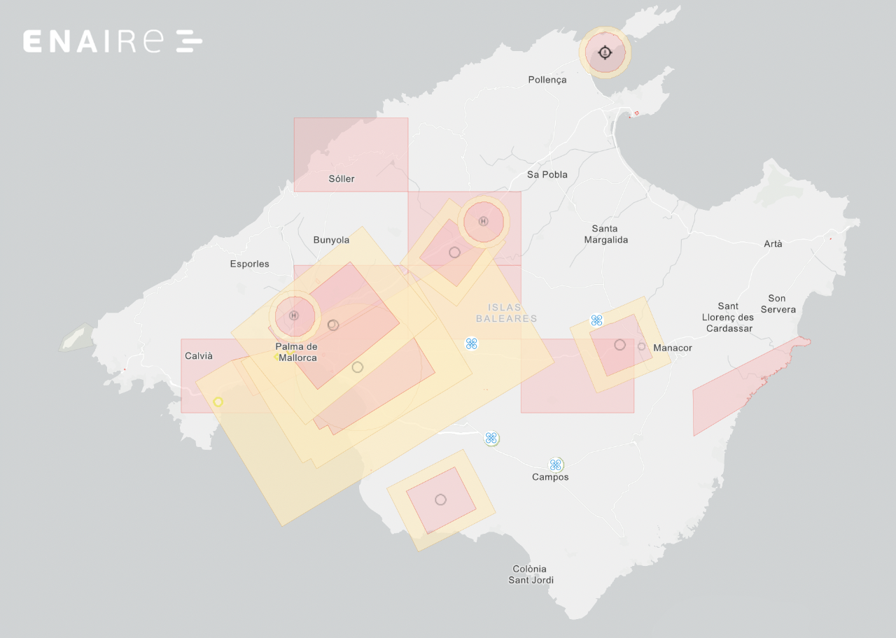 Map of the Balearic Islands, Spain, showing No-Fly zones around Mallorca with different categories yellow and red.