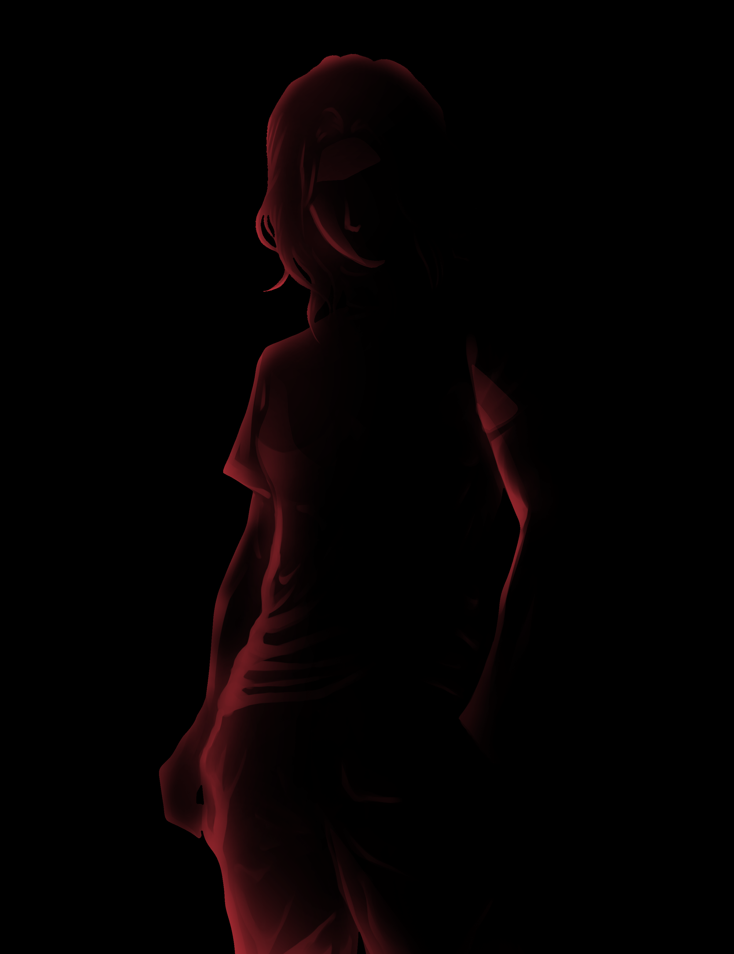 Eine dunkle Silhouette einer Person mit roten Schatten auf einem schwarzen Hintergrund.